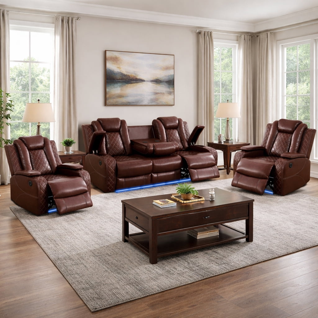 Gewnee 3-Seat Power Adjustable Sofa with 2 Recliners, Console & Cup Holders, Air Leather, Adjustable Recline, Ideal for Living Room,Brown