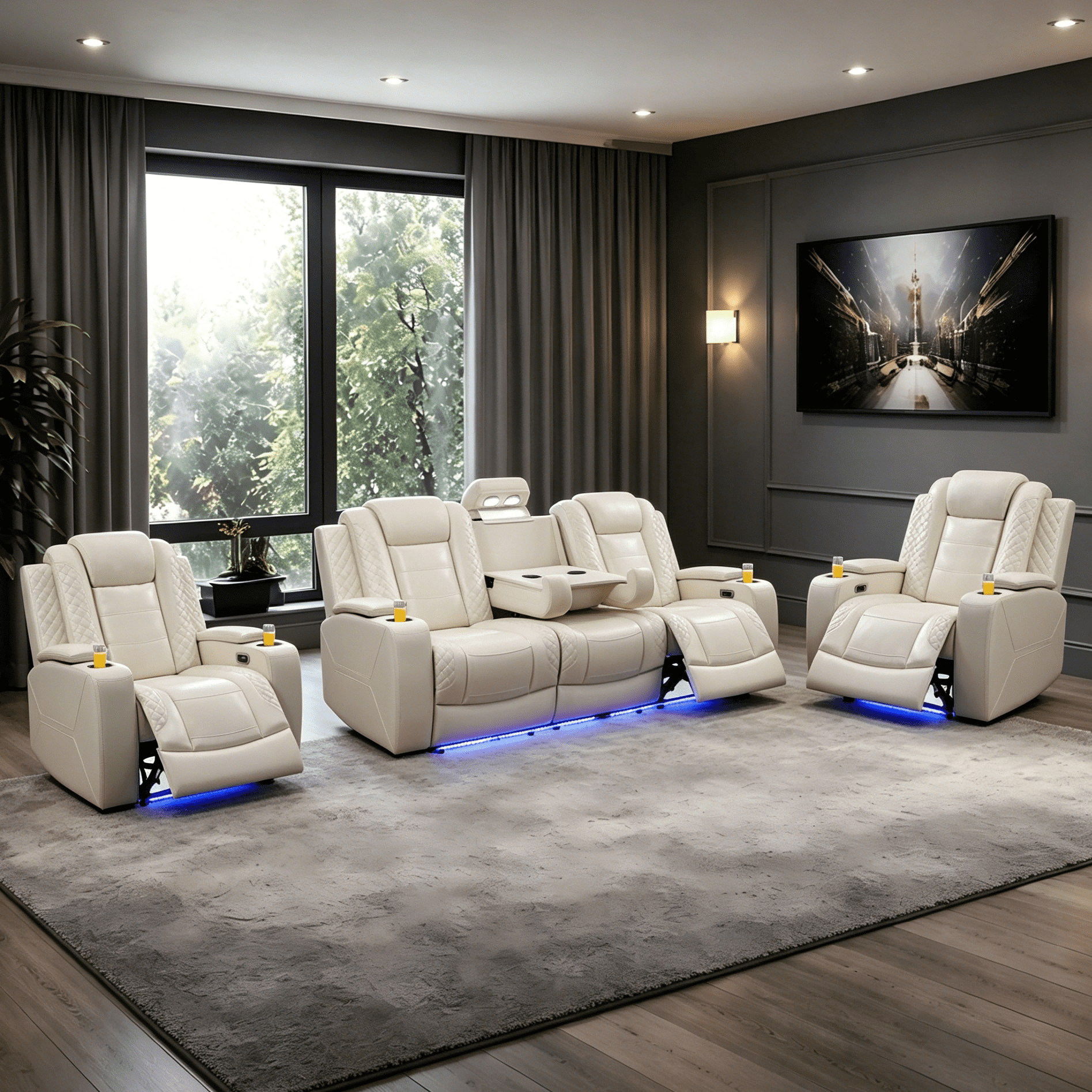 Gewnee 3-Seat Power Adjustable Sofa with 2 Recliners, Console, Cup Holders & LED Lights, Air Leather, Adjustable Recline, Ideal for Living Room,Beige