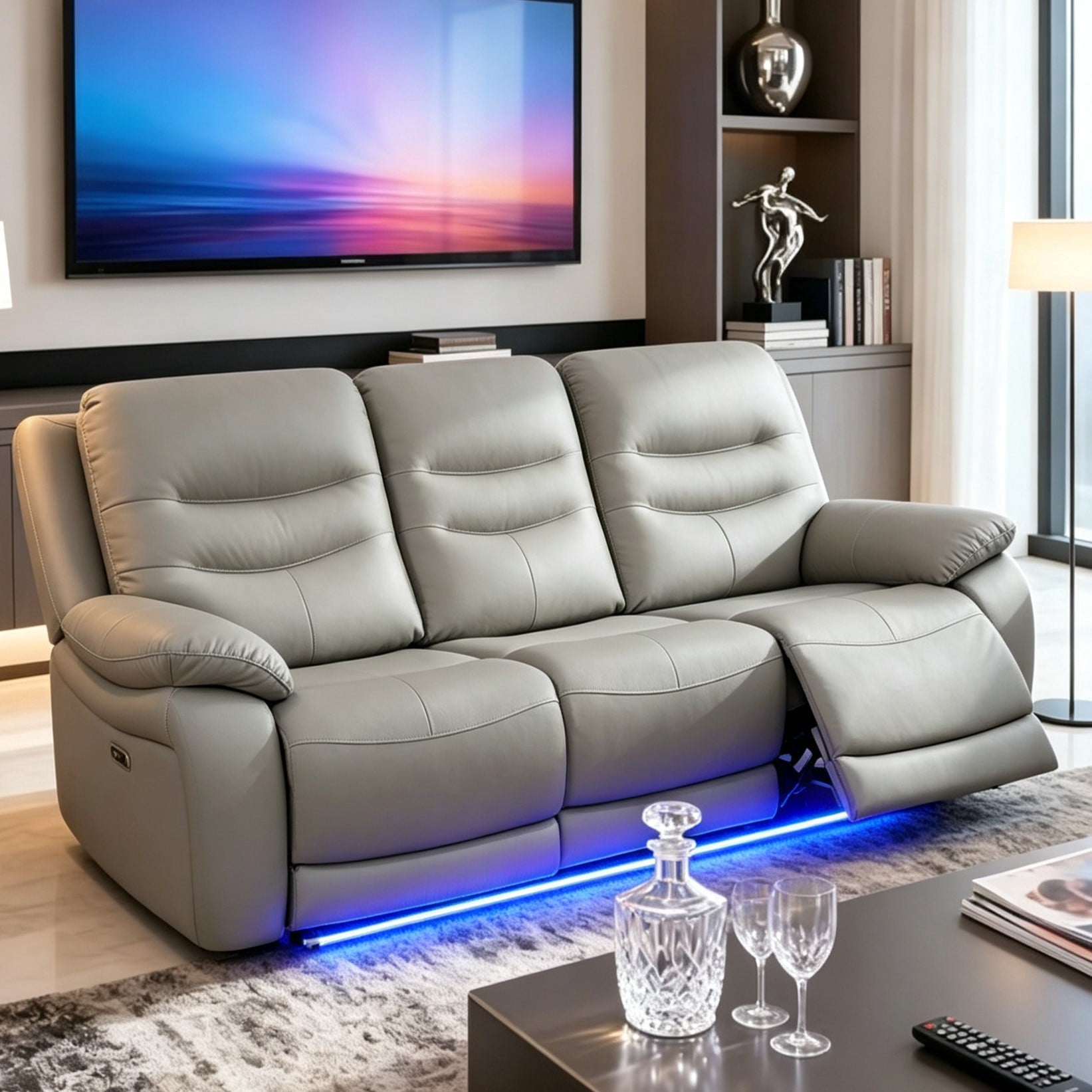 Gewnee 3‑Seat Power Recliner Sofa, Air Leather, Adjustable Recline Angle, USB‑C & USB Ports, LED Ambient Light for Living Room Home Theatre，Light Gray