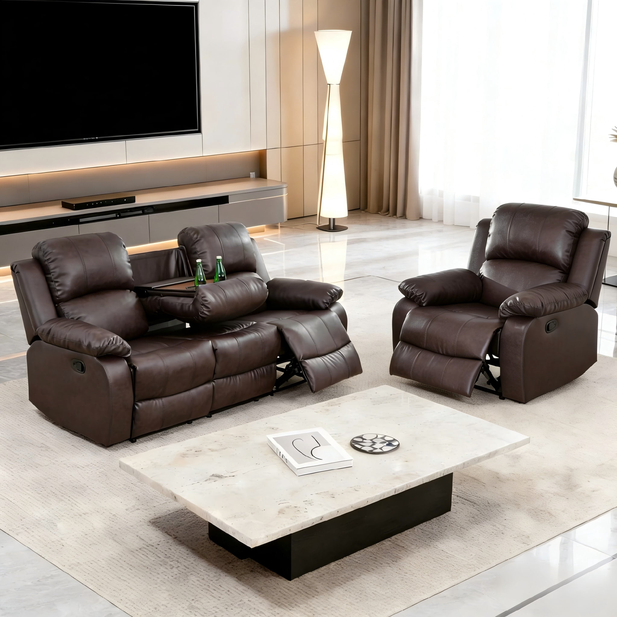 Gewnee 3-Seat Sofa and Recliner with Console and Cup Holders, Air Leather and High-Elasticity Sponge, Adjustable Reclining Angle, Ideal for Living Room,Brown