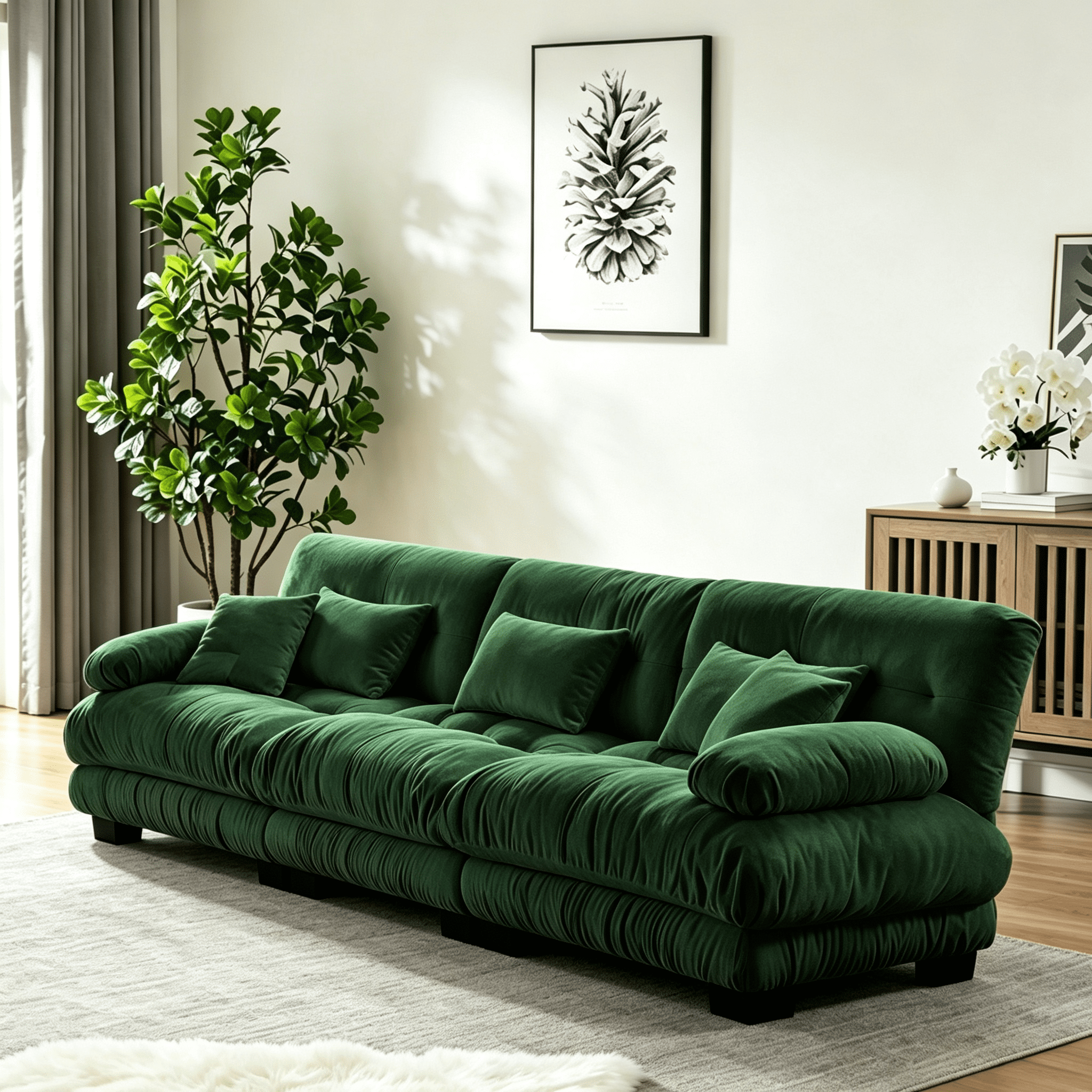 Gewnee 3-Seater 133.8" Modular Sectional Sofa, Deep Seat Chenille Cloud Couch with Lumbar Pillows & Throw Pillows, Upholstered Sofa for Living Room, Green
