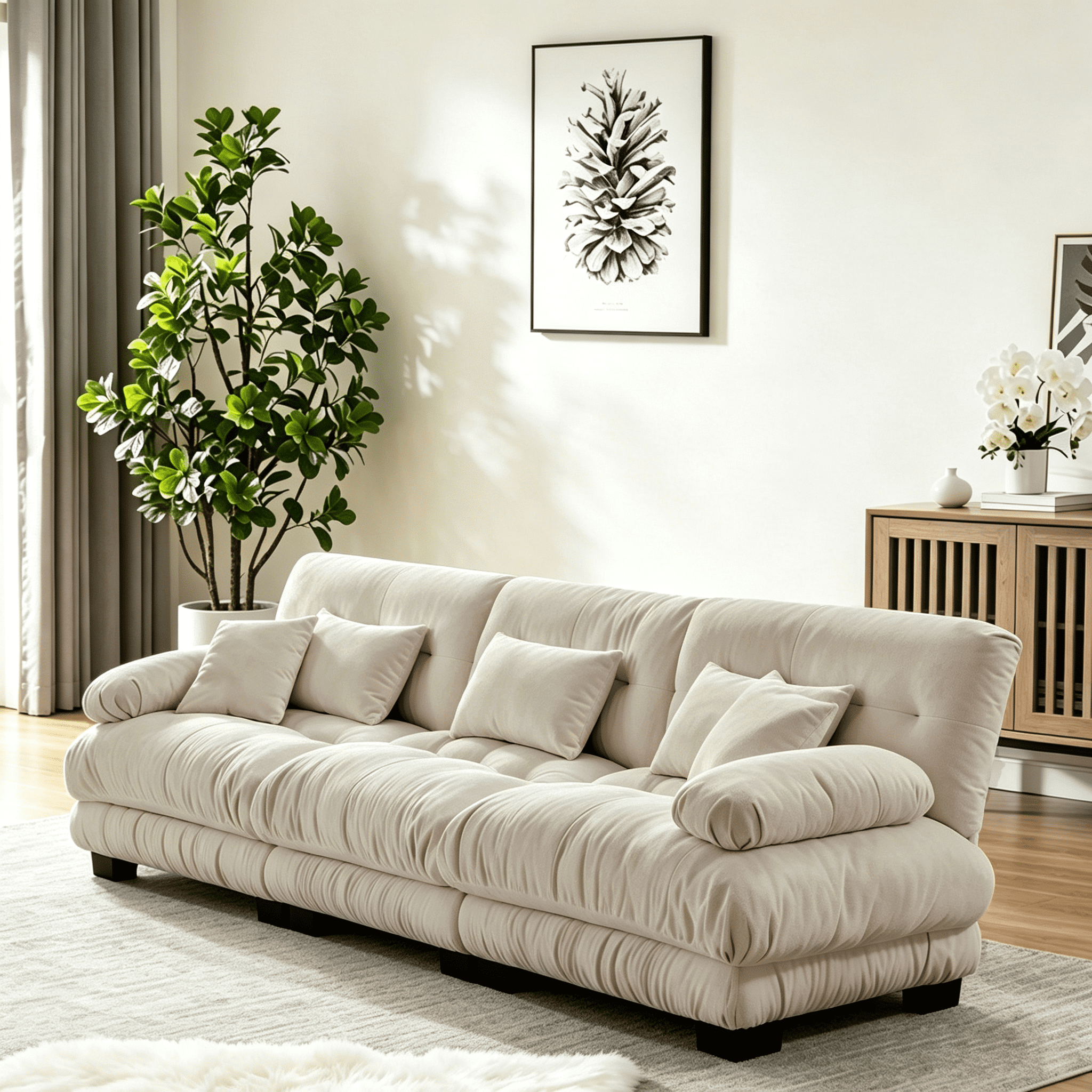Gewnee 3-Seater 133.8" Modular Sectional Sofa, Deep Seat Chenille Cloud Couch with Lumbar Pillows & Throw Pillows, Upholstered Sofa for Living Room, Light Coffee