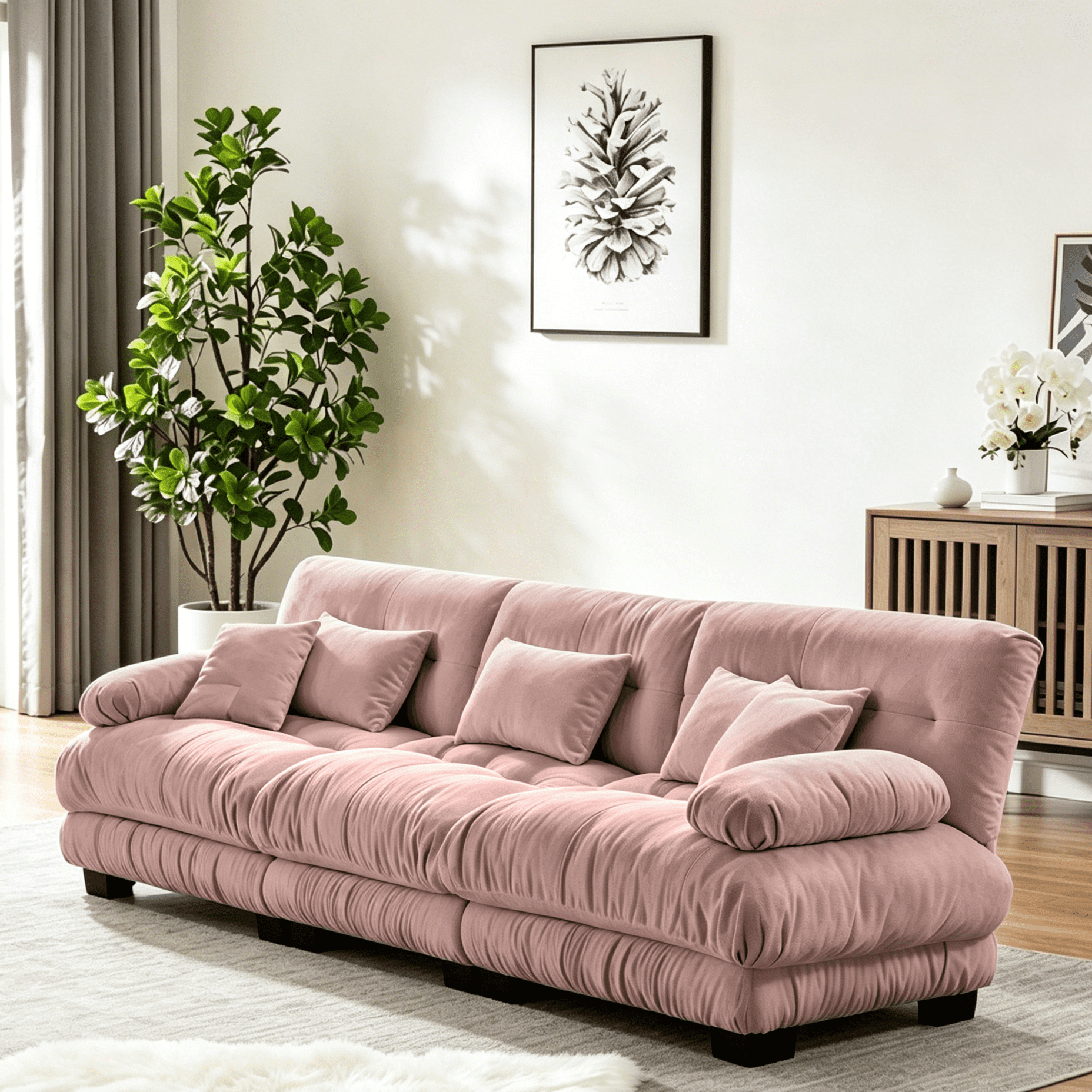 Gewnee 3-Seater 133.8" Modular Sectional Sofa, Deep Seat Chenille Cloud Couch with Lumbar Pillows & Throw Pillows, Upholstered Sofa for Living Room, Pink