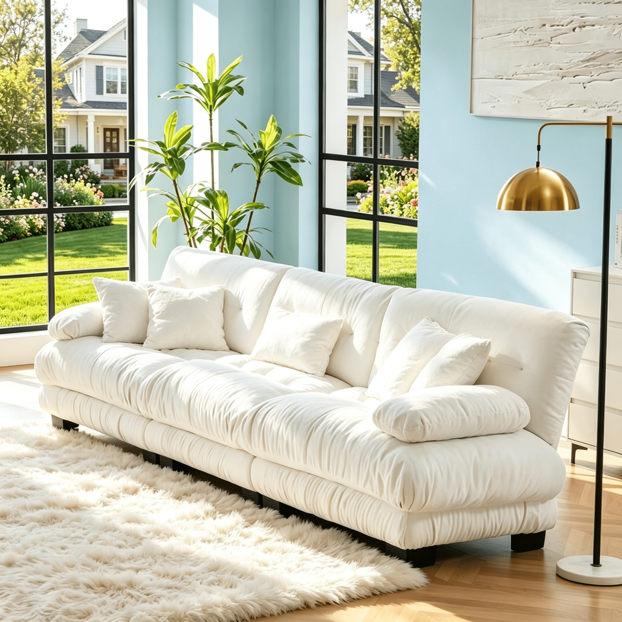 Gewnee 3-Seater 133.8" Modular Sectional Sofa, Deep Seat Chenille Cloud Couch with Lumbar Pillows & Throw Pillows, Upholstered Sofa for Living Room, White