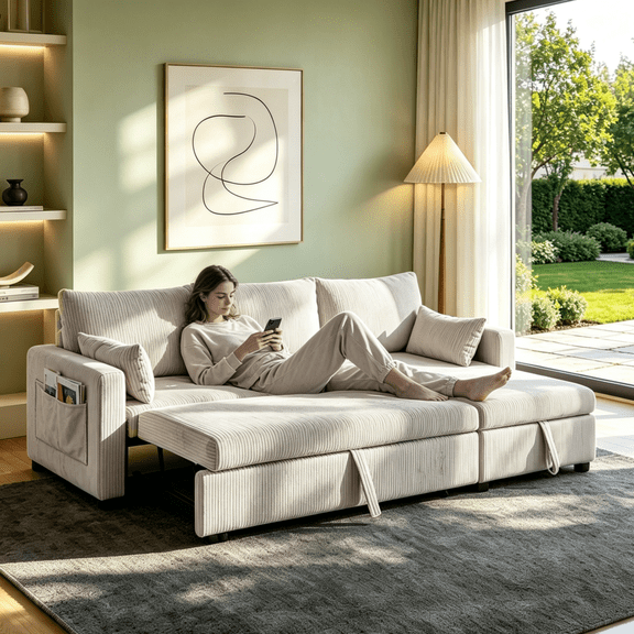 Gewnee 3-Seater Convertible Sofa,Pull Out Sleeper Sofa Bed with Storage Chaise,L-Shaped Corduroy Couch for Living Room,Apartment and Office.Beige