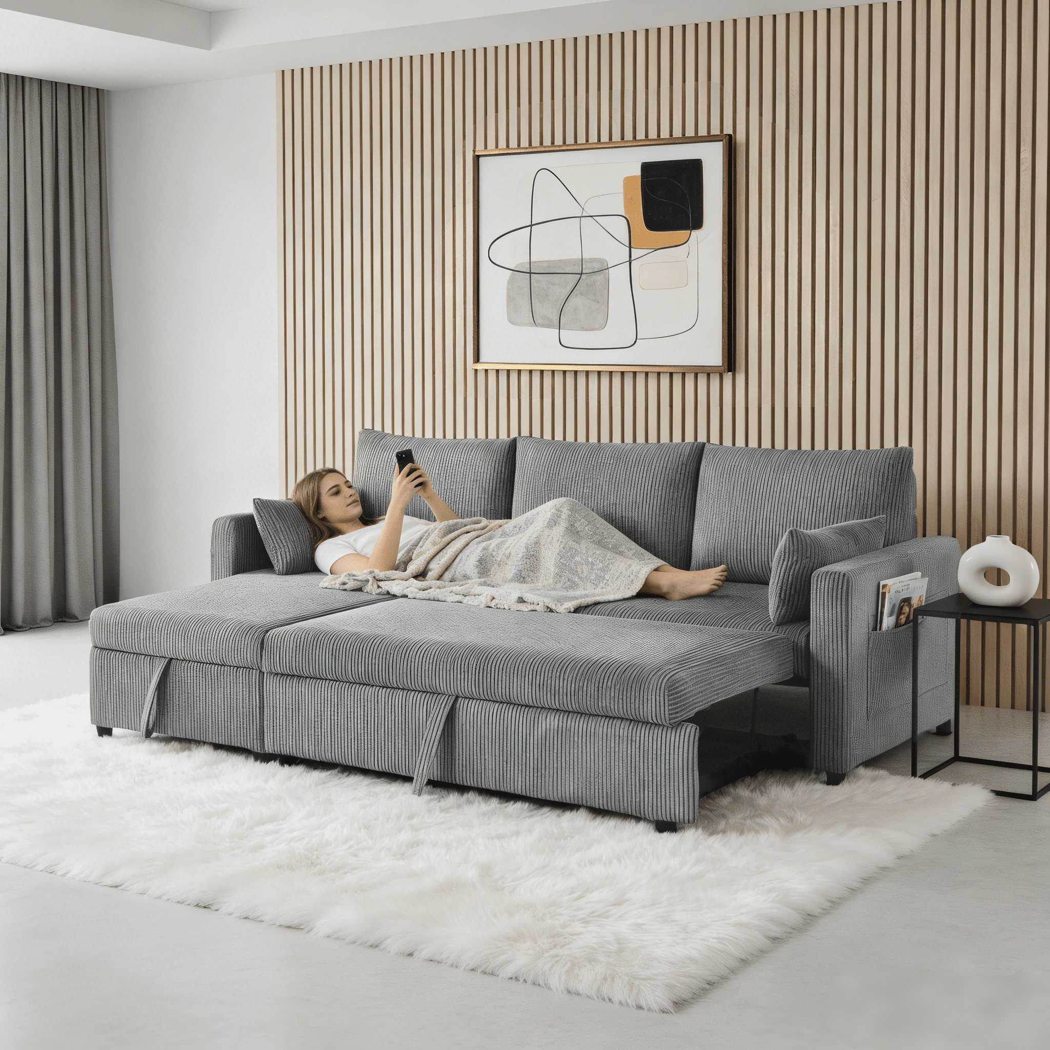 Gewnee 3-Seater Corduroy Sectional Pull Out Sleeper Sofa Bed with Storage, Couch for Living Room, Apartment, Office, Dark Gray