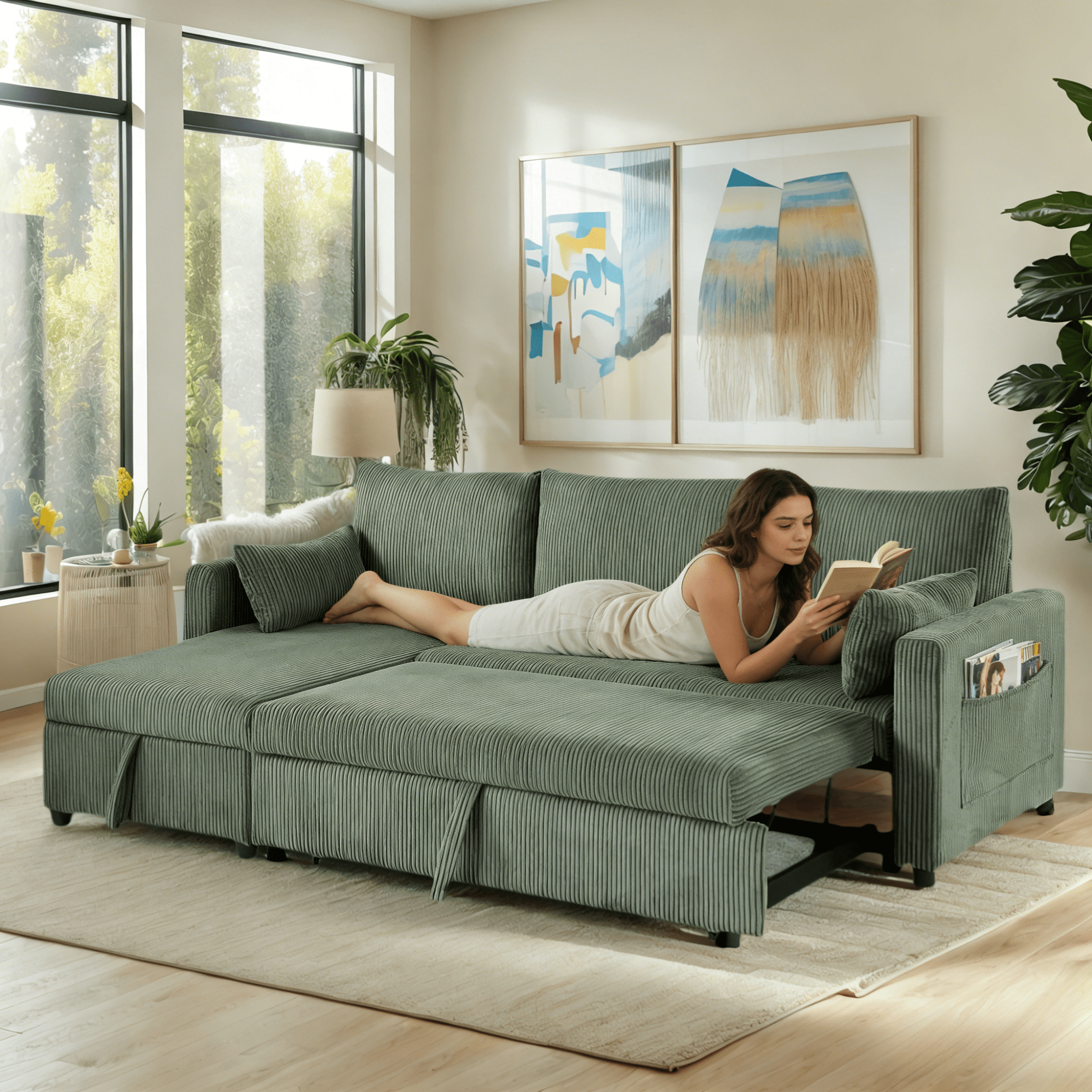 Gewnee 3-Seater Corduroy Sectional Pull Out Sleeper Sofa Bed with Storage, Corduroy Couch for Living Room Apartment Office Olive Drab