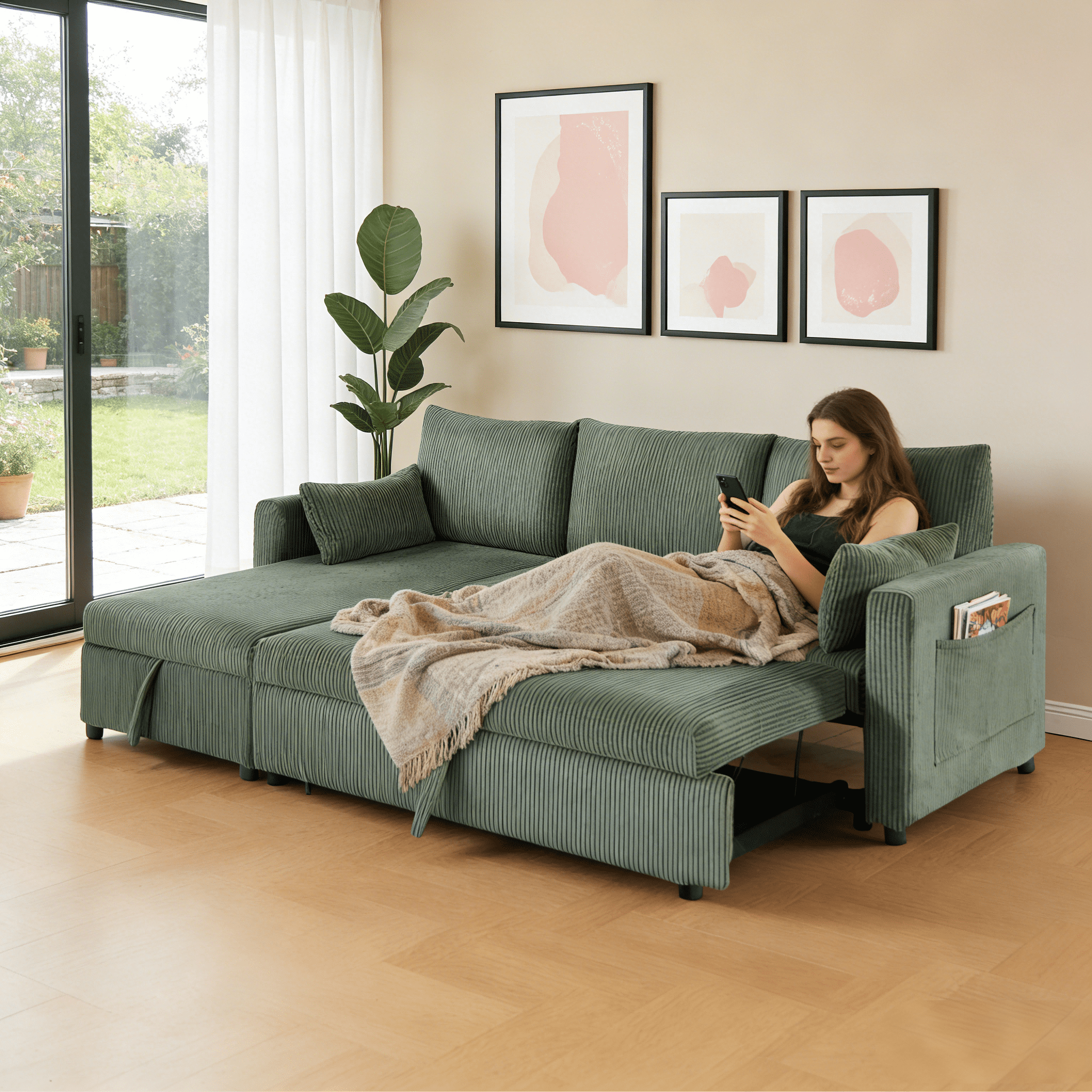 Gewnee 3-Seater Corduroy Sectional Pull Out Sleeper Sofa Bed with Storage, Couch for Living Room, Apartment, Office, Olive Drab