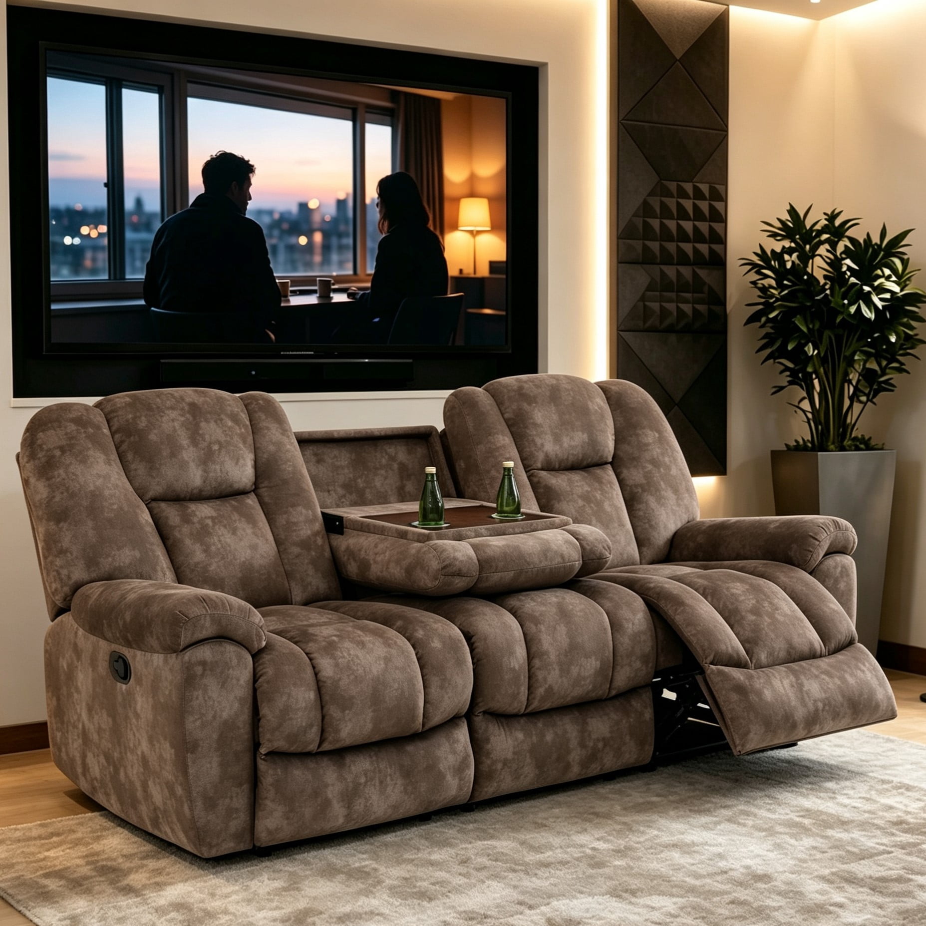 Gewnee 3‑Seater Manual Recliner Sofa, Printed Velvet Upholstery with Flip‑Down Cup Holder, Solid Wood Dual‑Layer Spring, Ergonomic Lumbar Support for Living Room Apartment，Brown