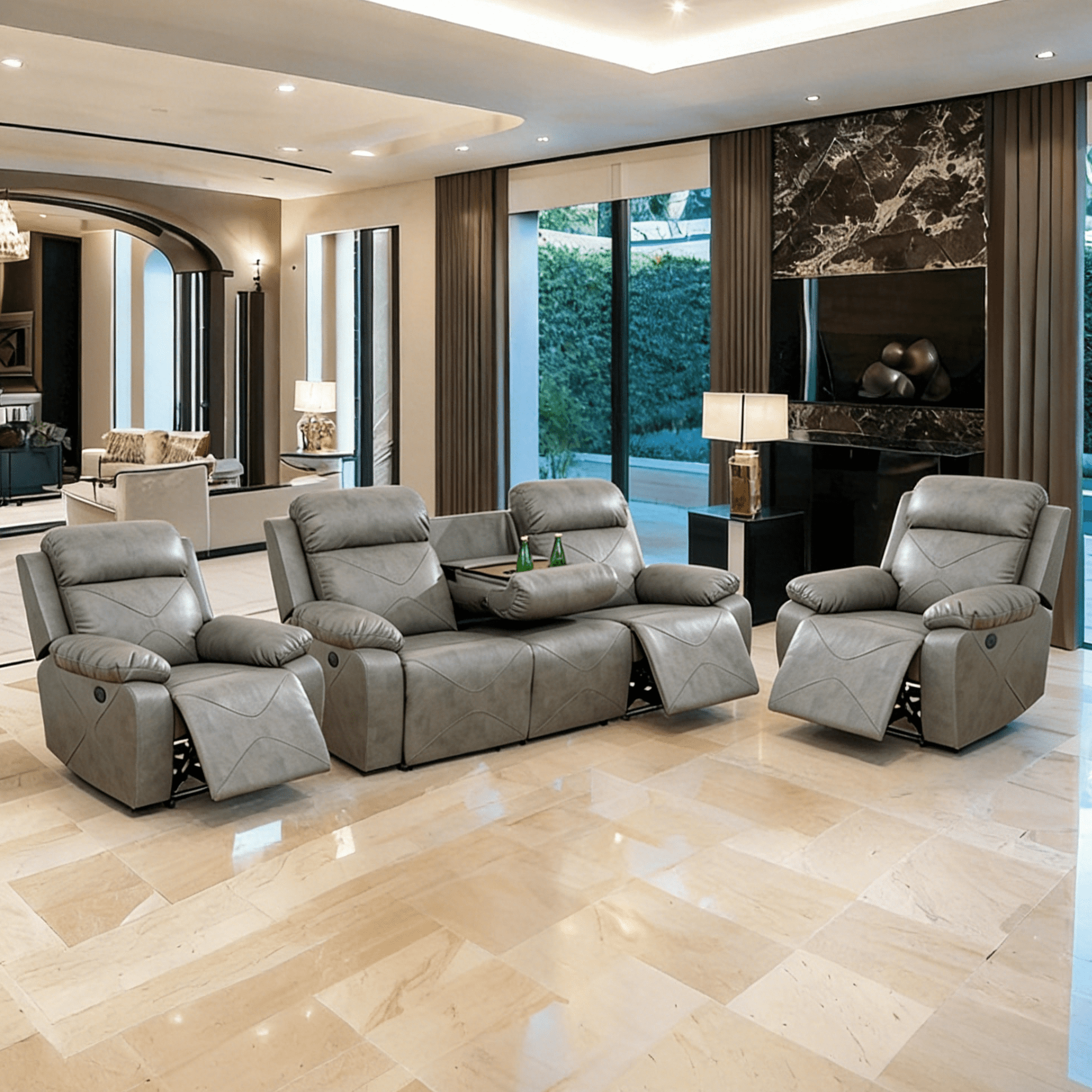 Gewnee 3-Seater Power Adjustable Sofa with Two Chaises, Console and Cup Holders, Air Leather and High-Elastic Sponge, Adjustable Recline, Perfect for Living Room,Silver