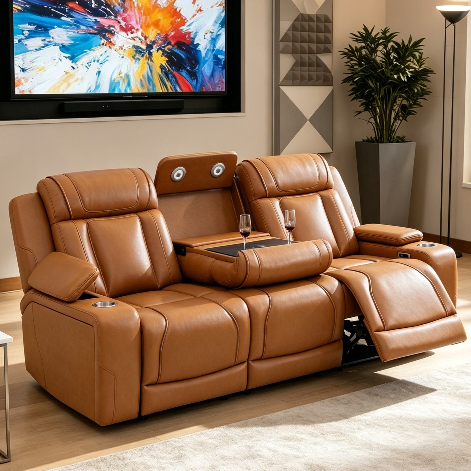 Gewnee 3‑Seater Power Recliner Sofa, Air Leather, USB & Type‑C Wireless Charging, Armrest Storage, Flip‑Up Tea Table, LED Light, Home Theater Seating for Living Room，Orange Yellow