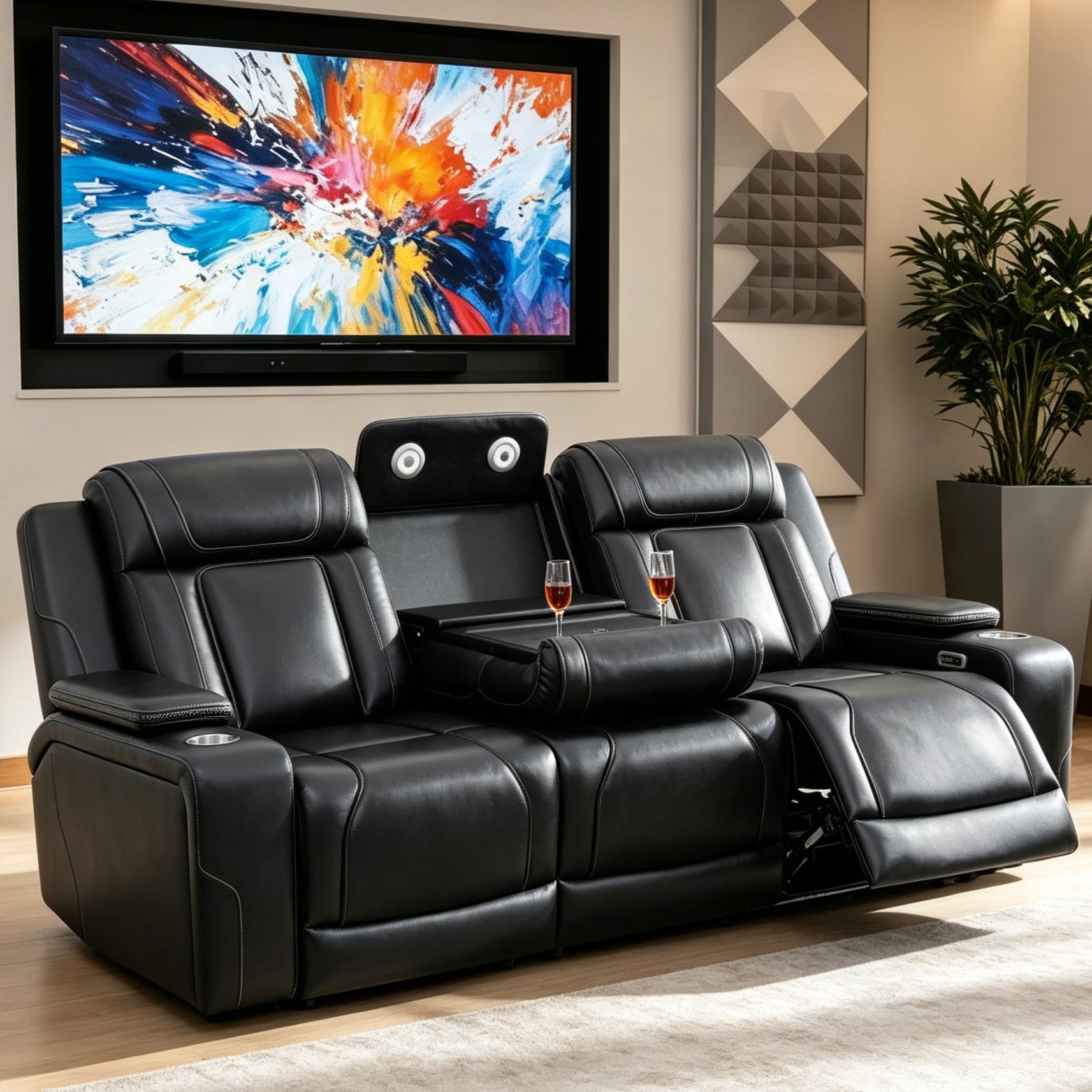 Gewnee 3‑Seater Power Recliner Sofa, Air Leather, USB & Type‑C Wireless Charging, Armrest Storage, Flip‑Up Tea Table, LED Light, Home Theater Seating for Living Room，Black