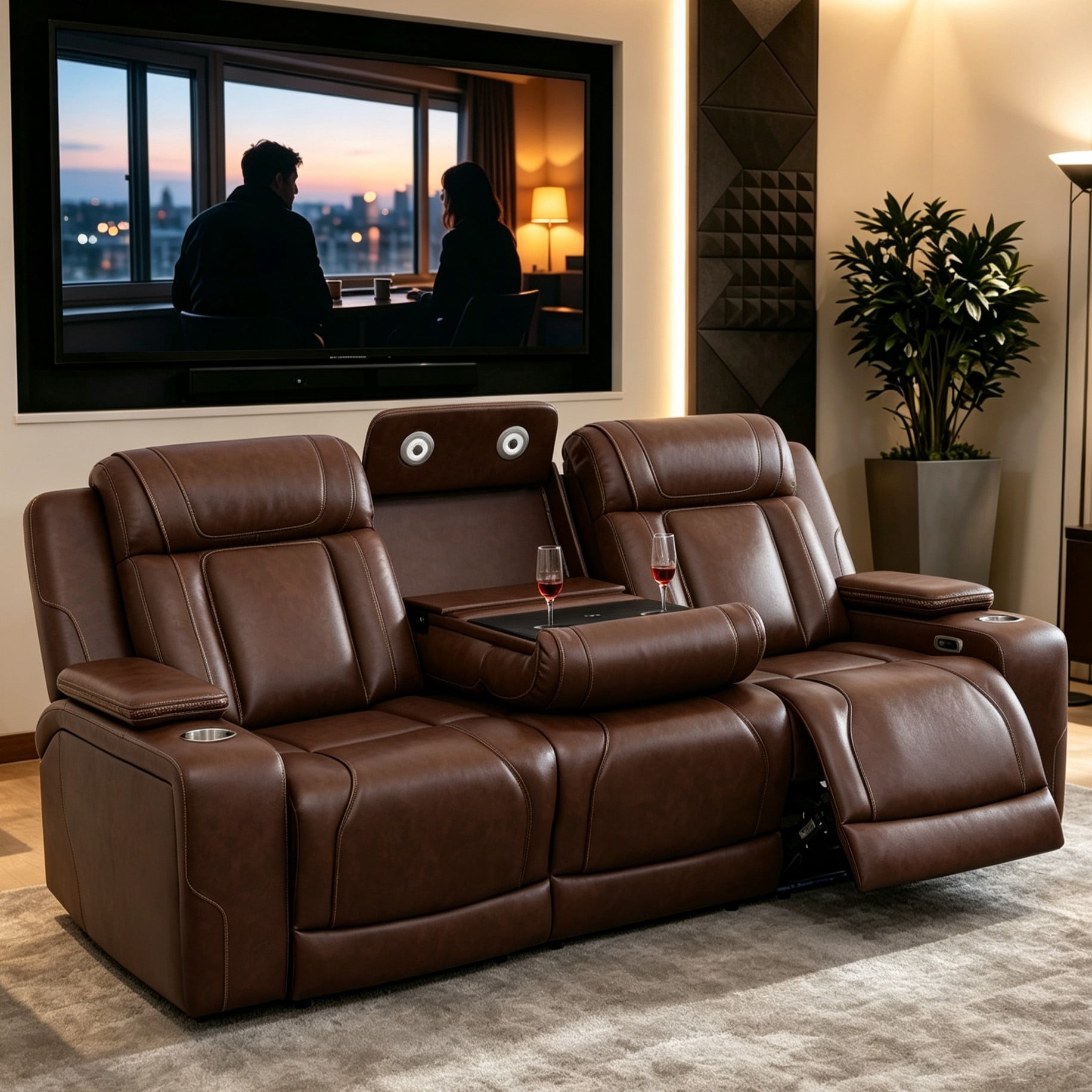 Gewnee 3‑Seater Power Recliner Sofa, Air Leather, USB & Type‑C Wireless Charging, Armrest Storage, Flip‑Up Tea Table, LED Light, Home Theater Seating for Living Room，Reddish-brown
