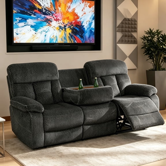 Gewnee 3‑Seater Power Recliner Sofa, Flocking Upholstery, USB Charging Port, Flip‑Up Tea Table, LED Ambient Light, Home Theater Seating for Living Room,Grey