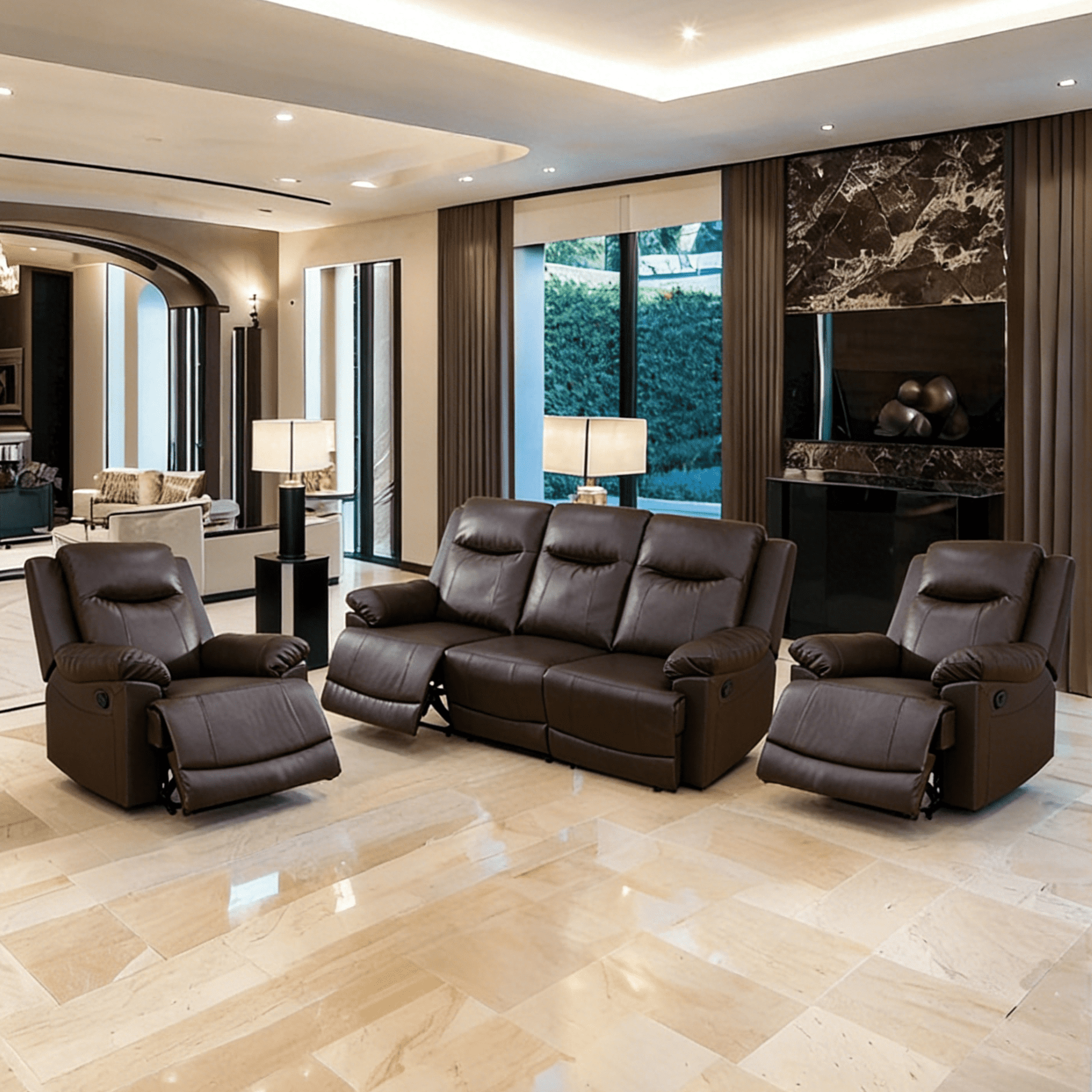 Gewnee 3-Seater Sofa with 2 Chaises, Console and Cup Holders, Air Leather, Adjustable Recline, Perfect for Living Room, Brown