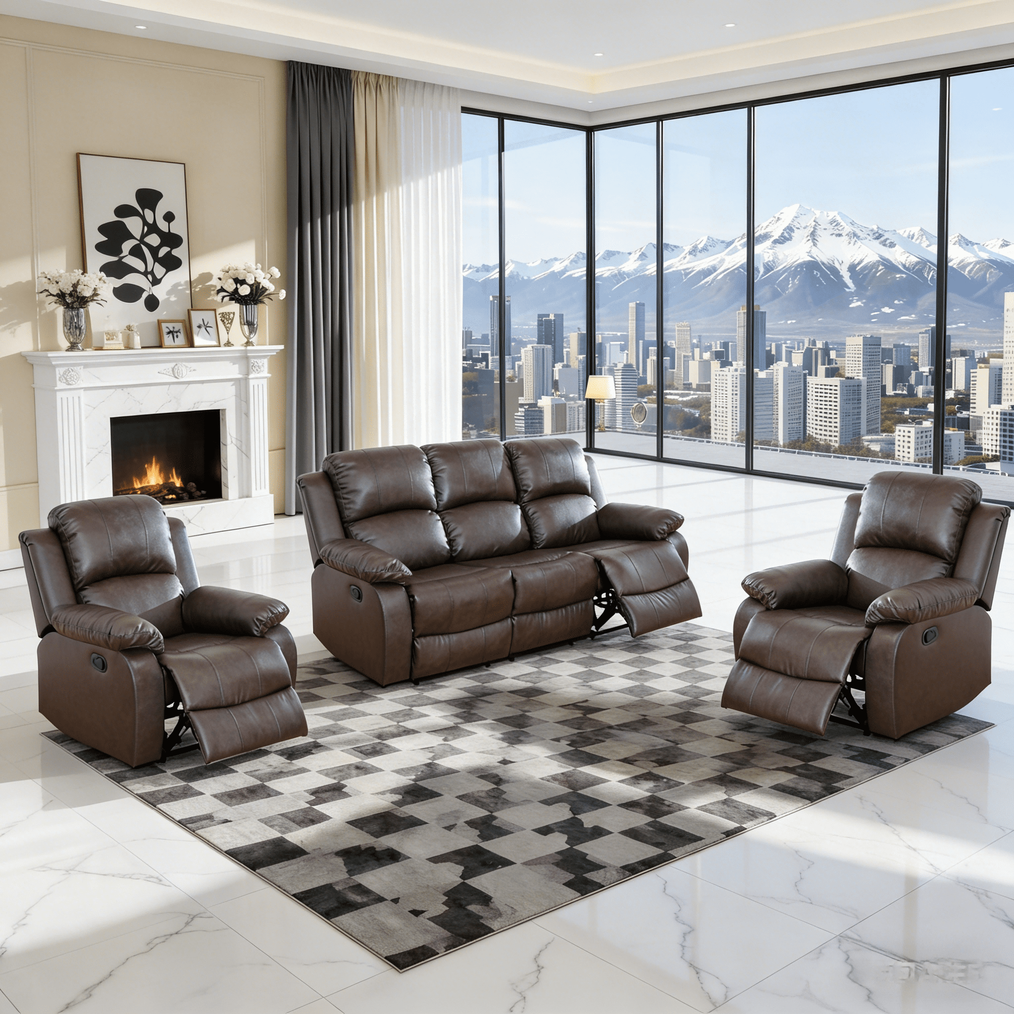 Gewnee 3-Seater Sofa with Two Recliners, Air Leather & High-Elastic Sponge, Adjustable Backrest Angle, Ideal for Living Room, Brown