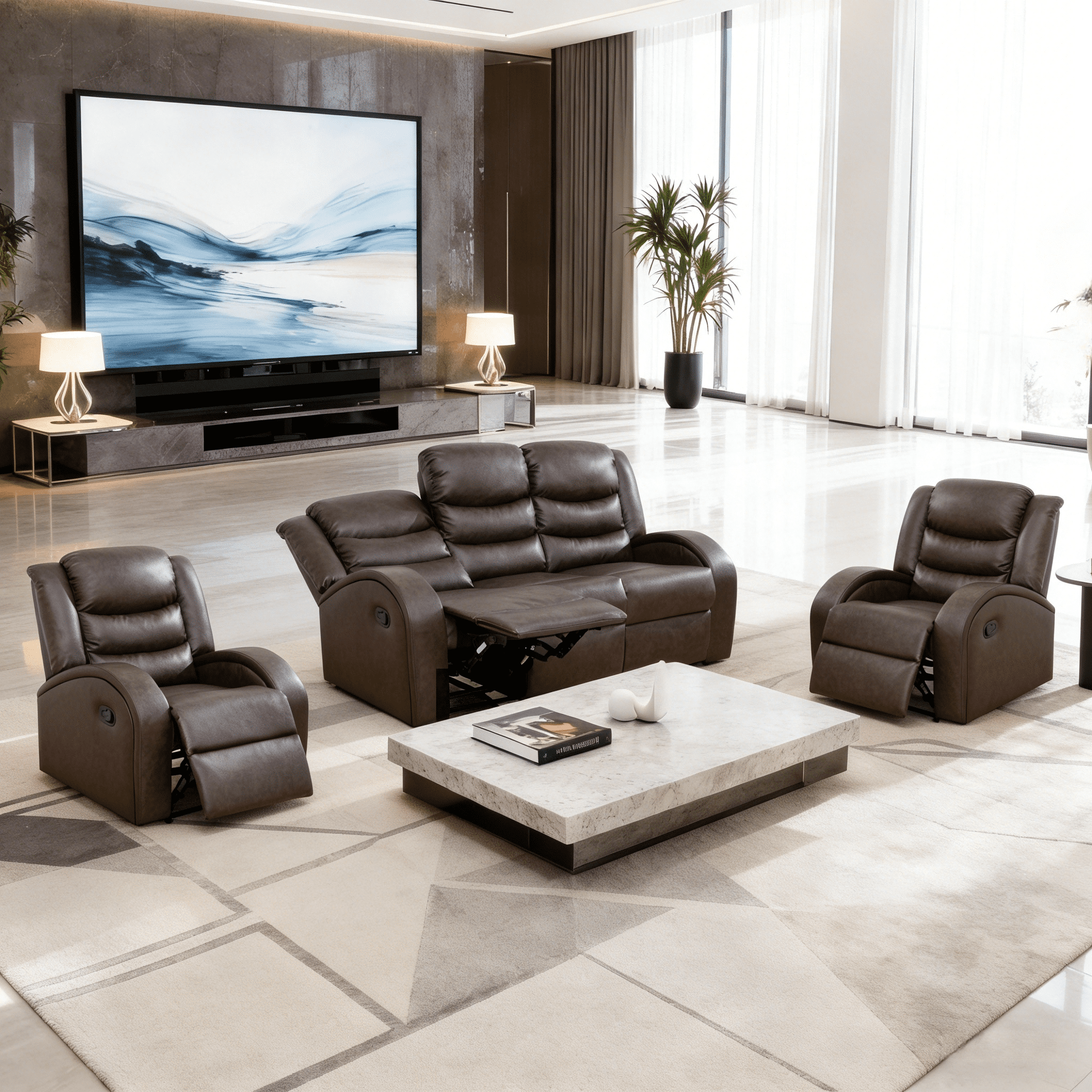 Gewnee 3-Seater Sofa with Two Recliners, Air Leather & High-Elastic Sponge, Adjustable Backrest, Modern Couch for Living Room, Brown