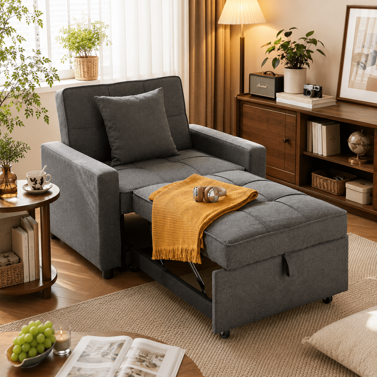 Gewnee 3-in-1 Convertible Chair Bed, Fabric Sofa Bed with Adjustable Backrest for Small Spaces, Dark Grey