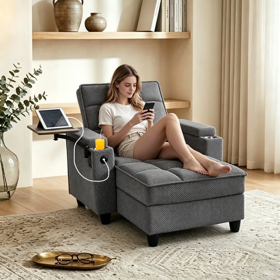 Gewnee 3-in-1 Convertible Sleeper Chair, Pull Out Single Sofa Bed with Adjustable Backrest, 360° Swivel Side Table, USB Charging Ports & Cup Holders, Ideal for Dorms & Offices, Dark Gray