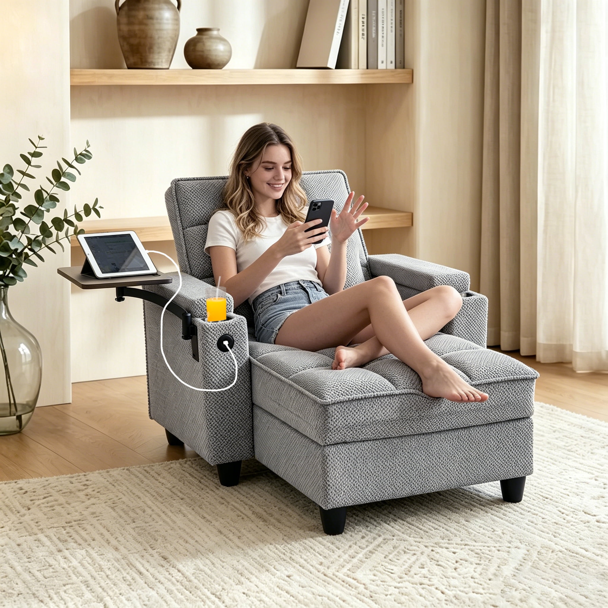 Gewnee 3-in-1 Convertible Sleeper Chair, Pull Out Single Sofa Bed with Adjustable Backrest, 360° Swivel Side Table, USB Charging Ports & Cup Holders, Ideal for Dorms & Offices, Light Gray