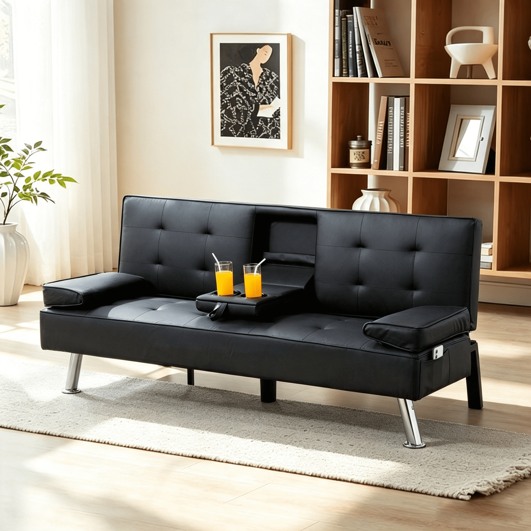 Gewnee 65.35" 3‑in‑1 Convertible Futon Sleeper Sofa,Sofa Bed with Cup Holders & Storage Bag ,PU Leather Foldable Sleeper Couch with Adjustable Backrest for Small Apartments & Office，Black