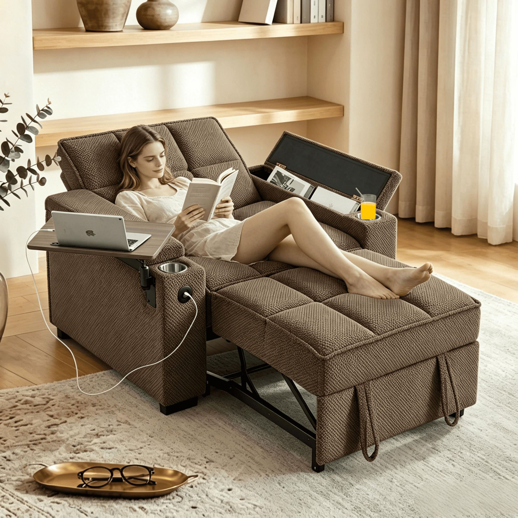 Gewnee 3-in-1 Convertible Sleeper Chair with Adjustable Backrest,Pull-Out Single Sofa Bed with Swivel Side Table & USB Ports & Cup Holder,Perfect for Dorms,Offices.Coffee