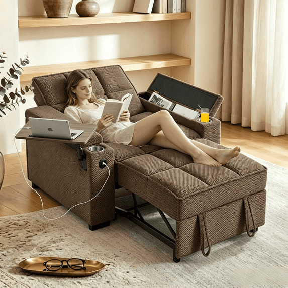 Gewnee 3-in-1 Convertible Sleeper Chair with Adjustable Backrest,Pull-Out Single Sofa Bed with Swivel Side Table & USB Ports & Cup Holder,Perfect for Dorms,Offices.Coffee