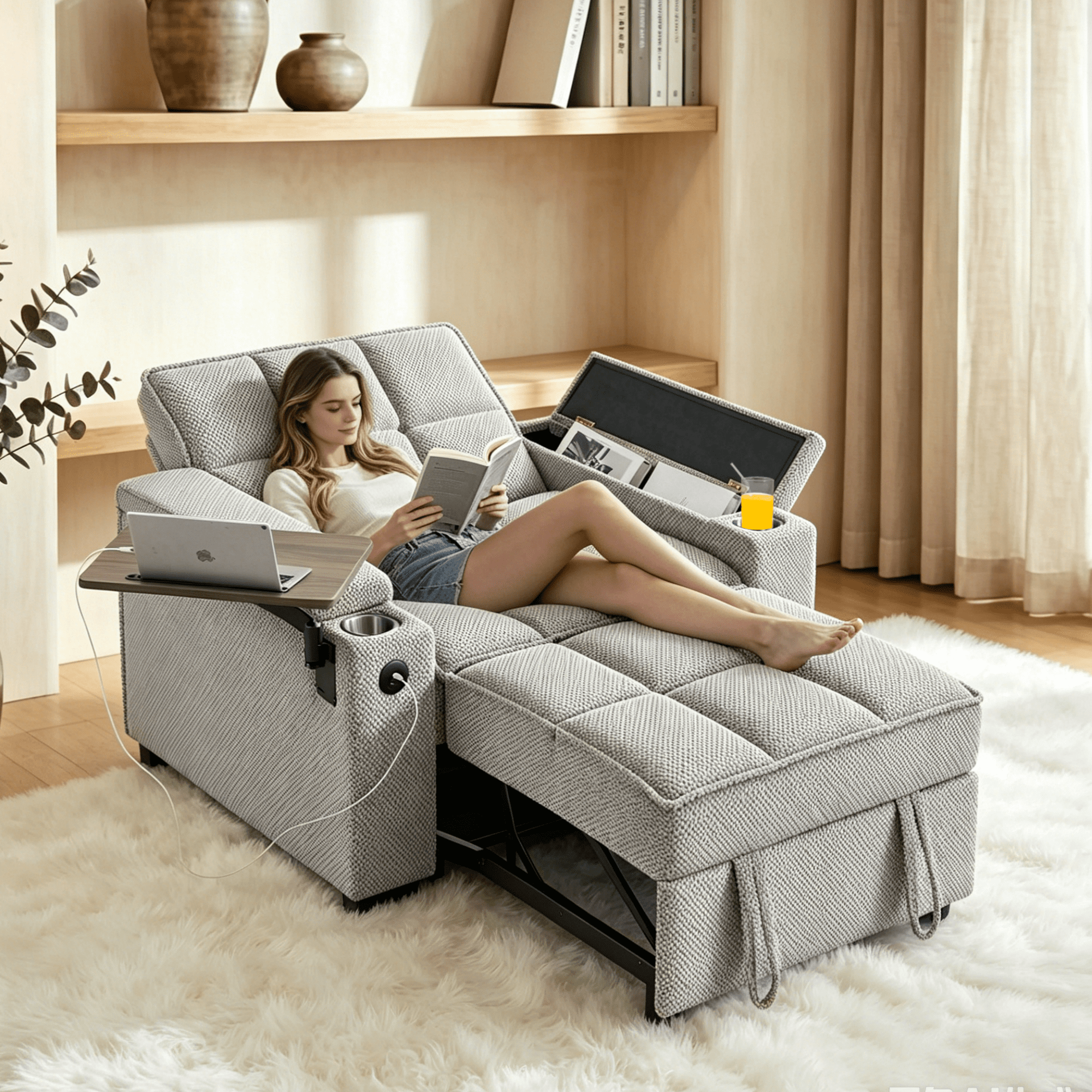 Gewnee 3-in-1 Convertible Sleeper Chair with Adjustable Backrest,Pull-Out Single Sofa Bed with Swivel Side Table & USB Ports & Cup Holder,Perfect for Dorms,Offices.Khaki