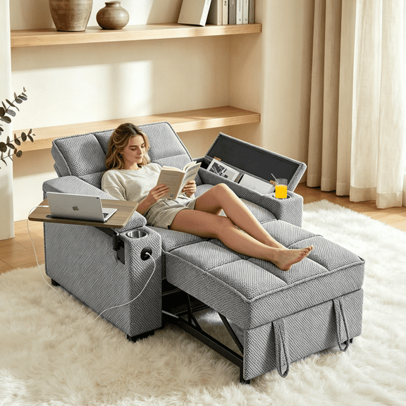 Gewnee 3-in-1 Convertible Sleeper Chair with Adjustable Backrest,Pull-Out Single Sofa Bed with Swivel Side Table & USB Ports & Cup Holder,Perfect for Dorms,Offices.Light Grey