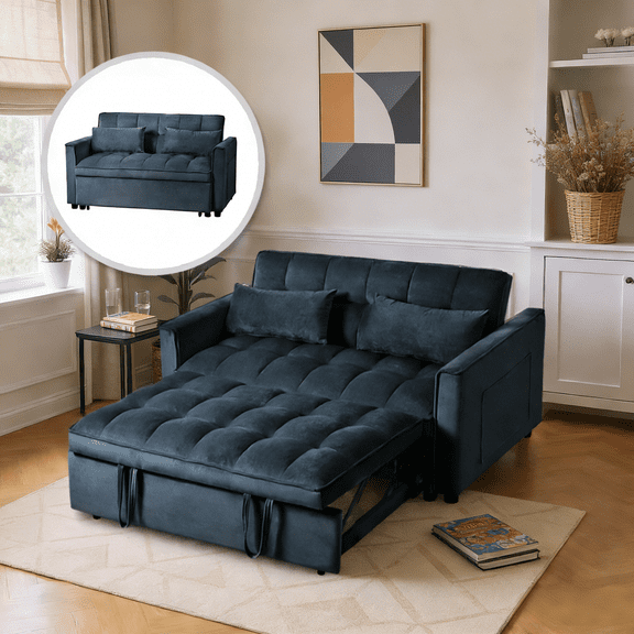 Gewnee 3-in-1 Convertible Futon Sofa Bed – 52.75" Velvet Pull-out Sofa Bed with Reclining Backrest,Side Pockets & 2 Toss Pillows – for Living Room,Apartment,Dorm(Black）