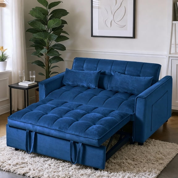 Gewnee 3-in-1 Convertible Futon Sofa Bed – 52.75" Velvet Pull-out Sofa Bed with Reclining Backrest,Side Pockets & 2 Toss Pillows – for Living Room,Apartment,Dorm(Navy Blue）
