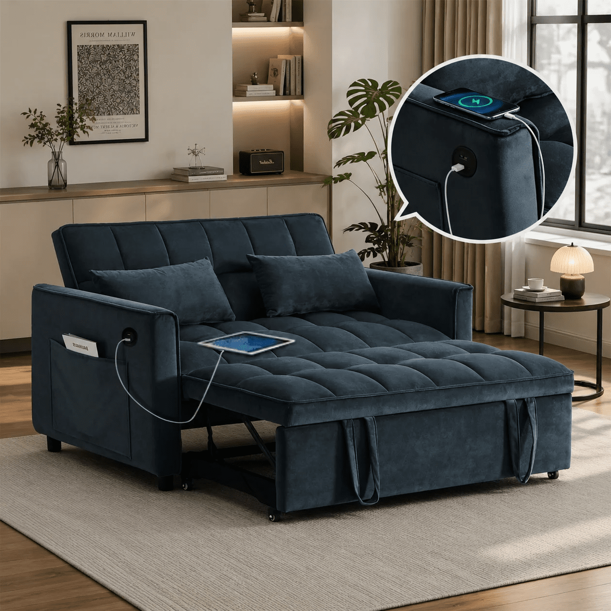 Gewnee 3-in-1 Convertible Sofa Bed and Loveseat Sleeper, Velvet Pull Out Couch with USB & Side Pockets,Black, Living Room & Apartment
