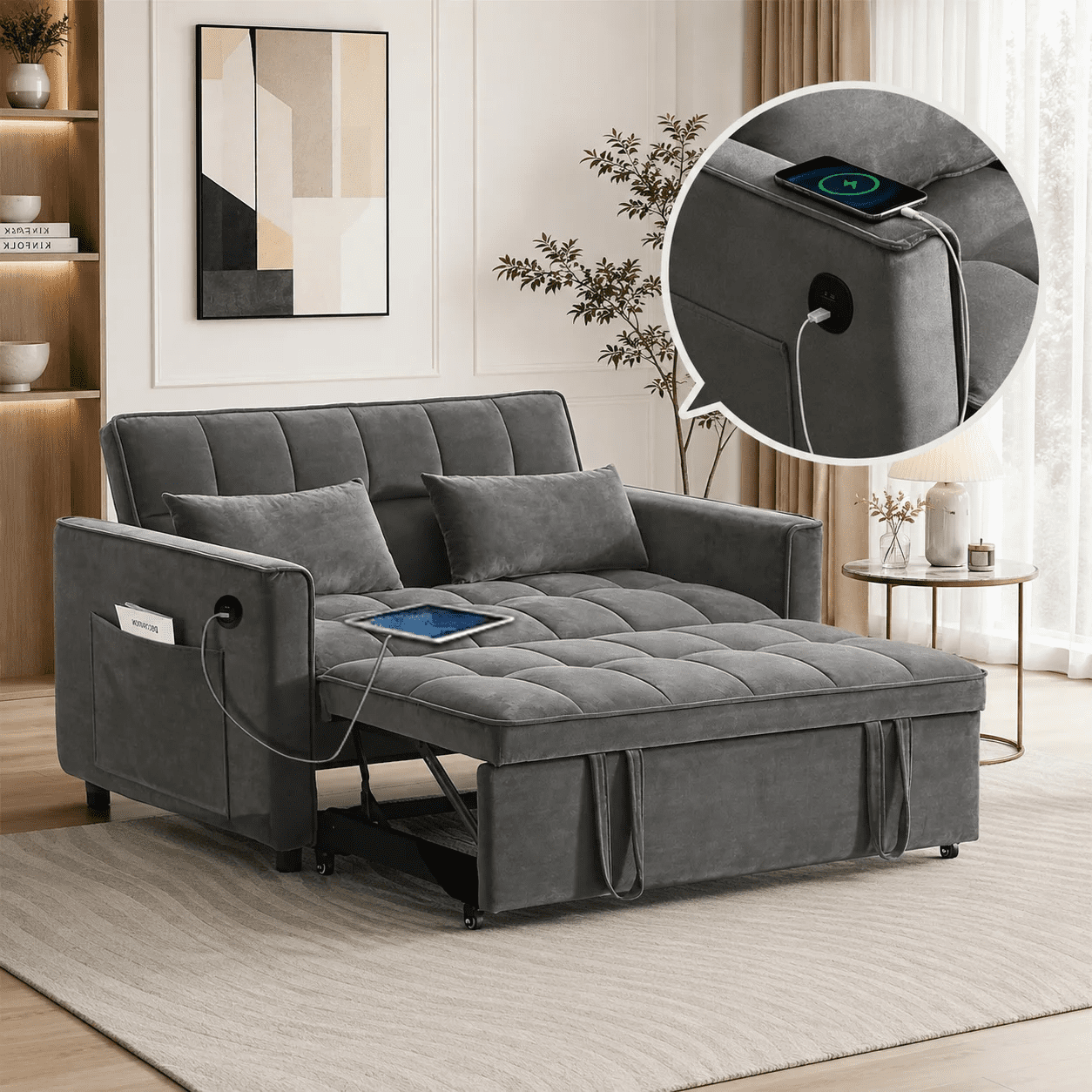Gewnee 3-in-1 Convertible Sofa Bed and Loveseat Sleeper, Velvet Pull Out Couch with USB & Side Pockets, Dark Grey, Living Room & Apartment