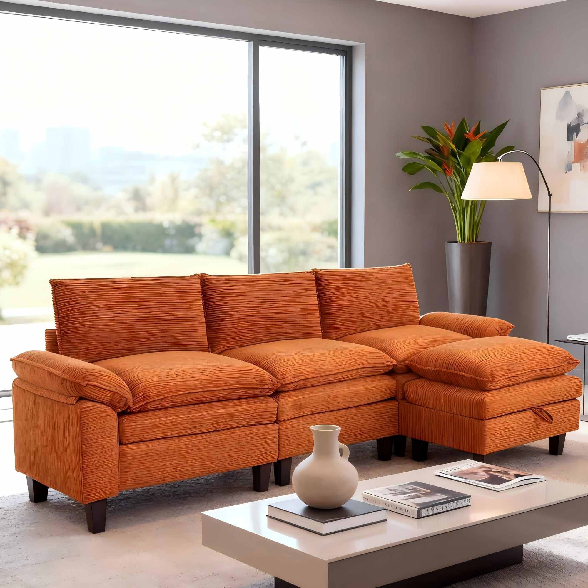 Gewnee 3-seats Corduroy Fabric Modular Sofa with Storage Ottoman L Shape For living Room Apartment Bedroom And Upholstered sectional Couch