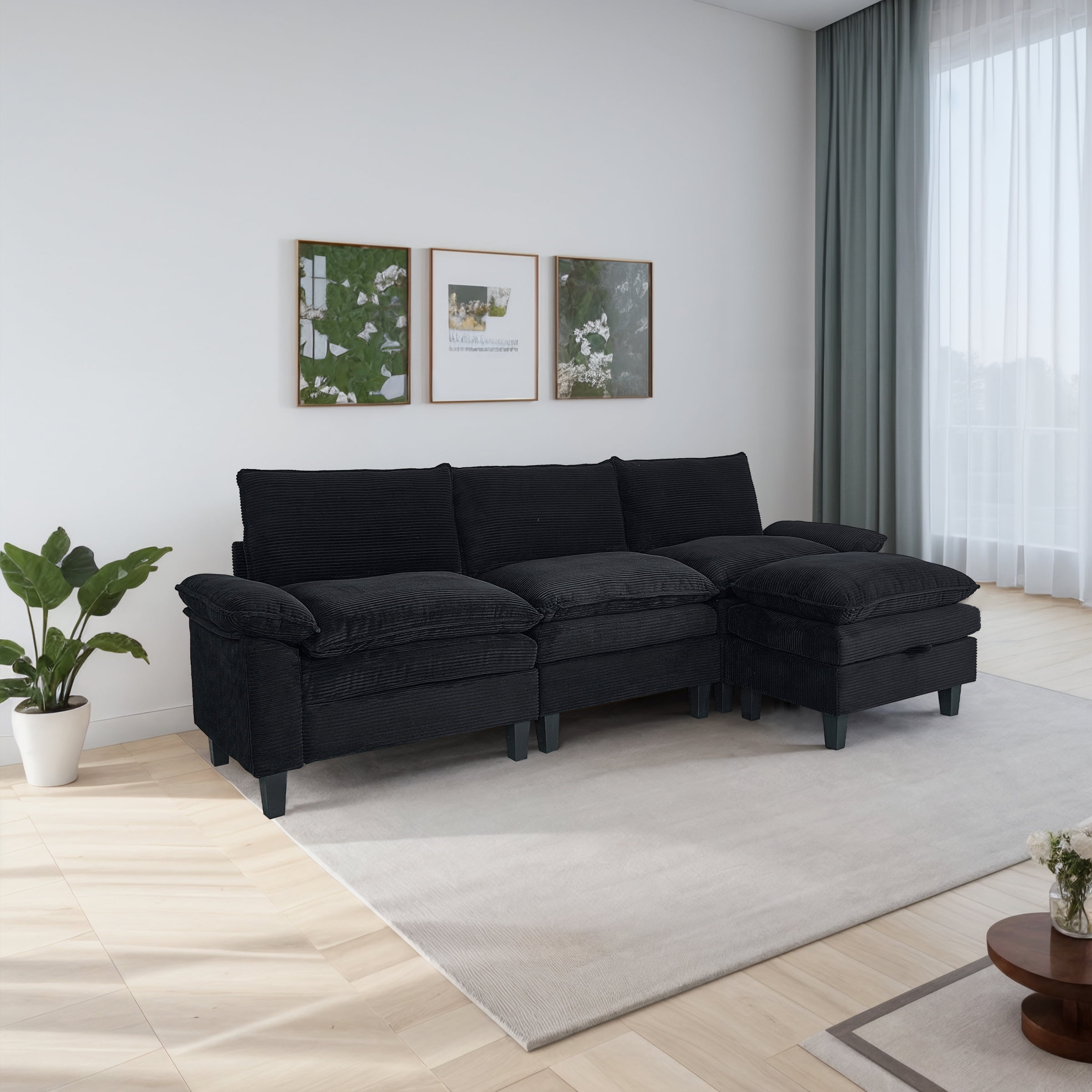 Gewnee 3-seats Corduroy Fabric Modular Sofa with Storage Ottoman L Shape For living Room Apartment Bedroom And Upholstered sectional Couch