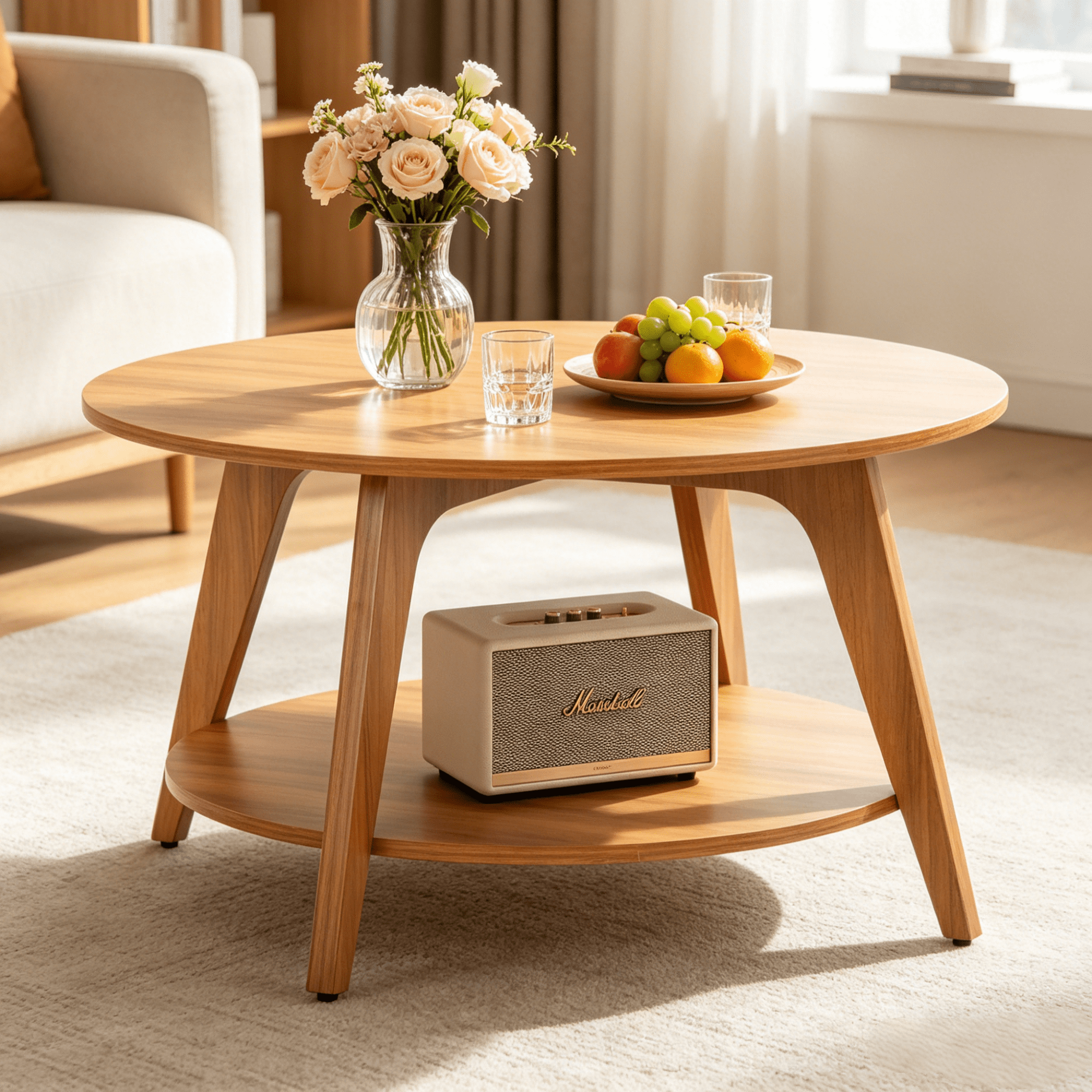 Gewnee 31.5”Round 2-Tier Side Table,Minimalist Walnut Pattern MDF End Table with Bottom Shelf & Non-Slip Adjustable Feet,Easy Assembly for Living Room,Bedroom,Home,Office.