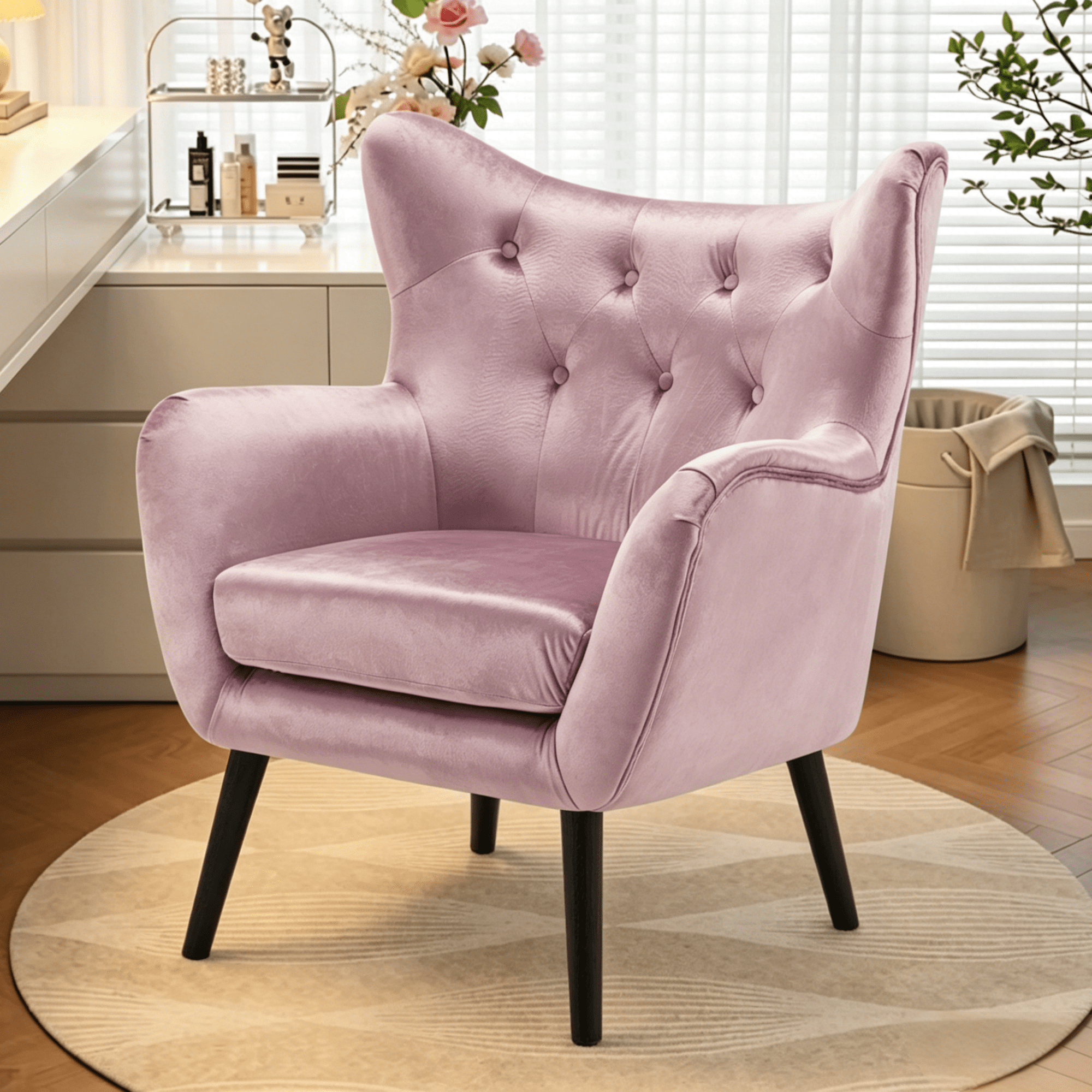 Gewnee 32.68"Velvet Accent Chair,Modern Tufted Armchair with Ergonomic Back,Comfortable Chair for Living Room,Bedroom or Office.Pink
