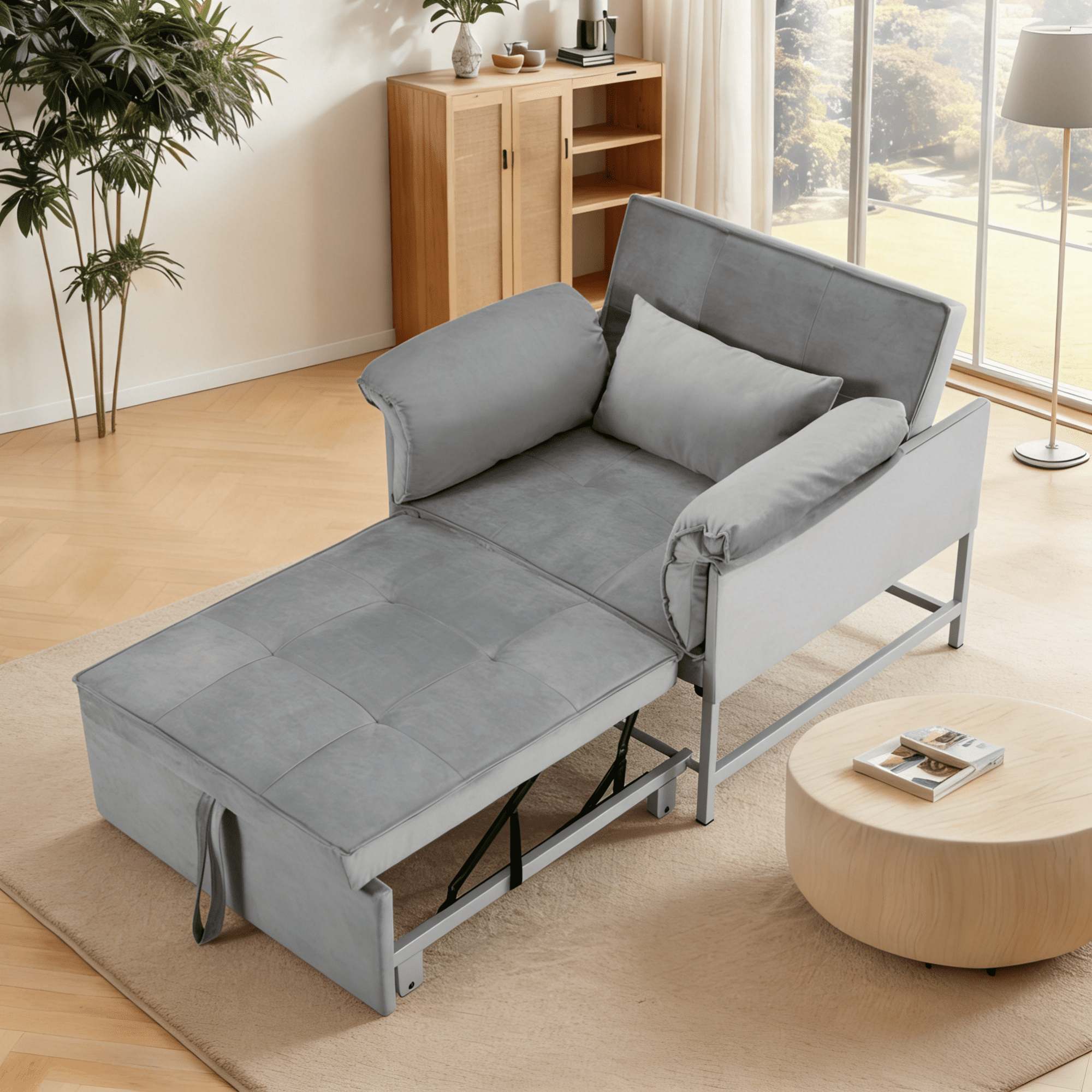 Gewnee 34.3 Inch Convertible Pull-Out Sleeper Chair,Foldable Sofa Bed with Pillow,3-Position Reclining Back,Small Space Loveseat for Living Room,Office,Guest Room.Velvet Grey