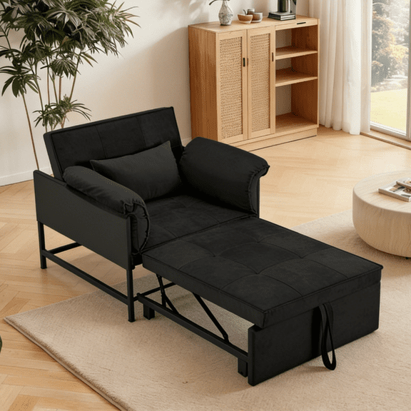 Gewnee 34.3 Inch Convertible Pull-Out Sleeper Chair,Foldable Sofa Bed with Pillow,3-Position Reclining Back,Small Space Loveseat for Living Room,Office,Guest Room.Velvet Black