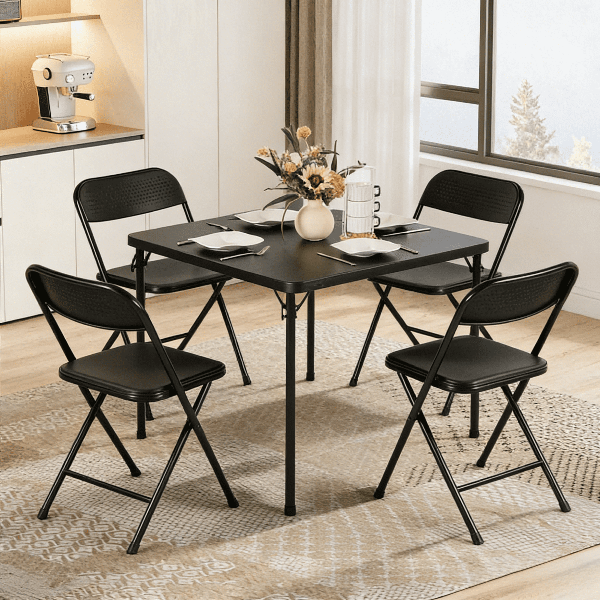 Gewnee 34 Inch Square Folding Table,No Assembly Portable Table,PVC Top with Metal Frame for Dining Room, Living Room, Office & Camping,Black