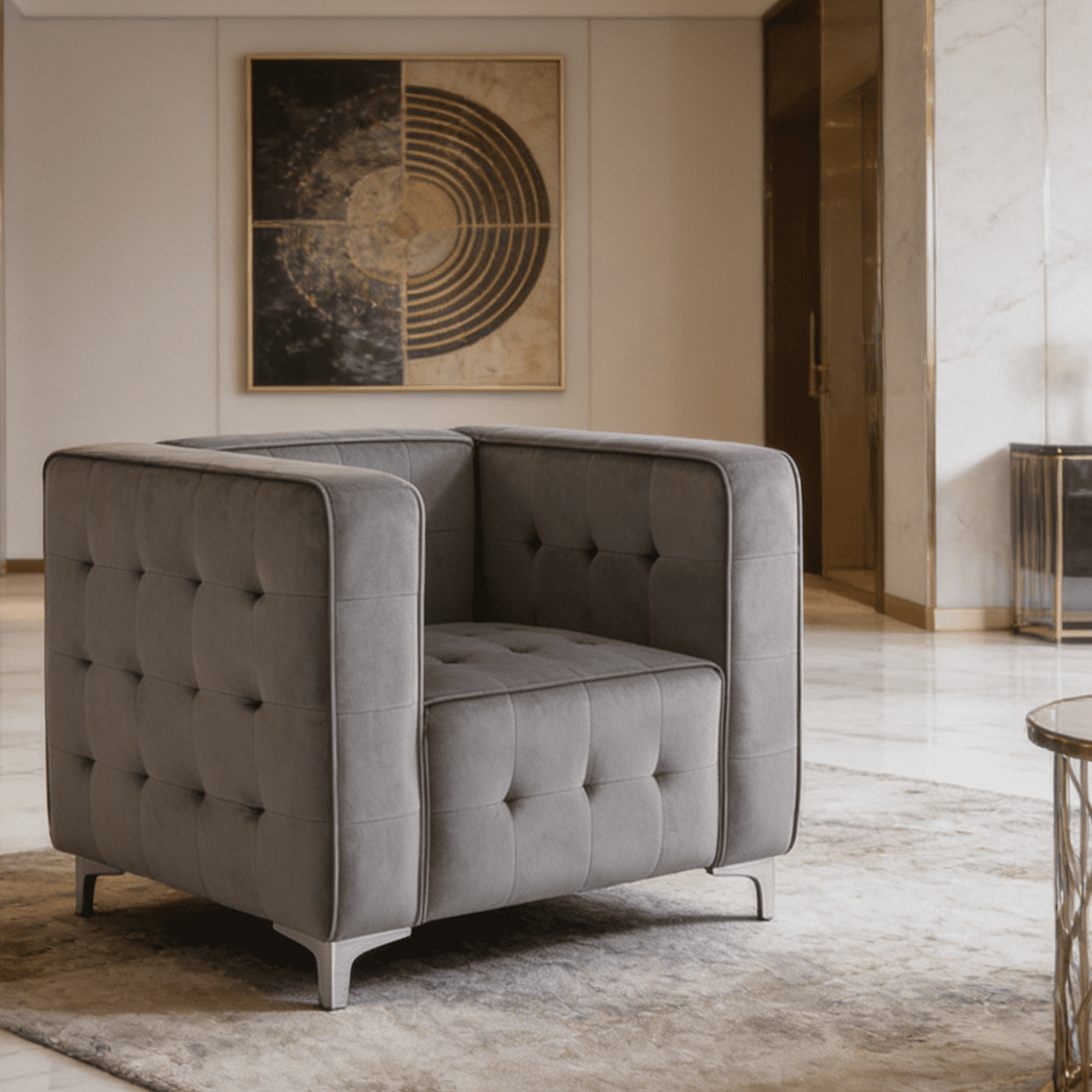 Gewnee 36.22" Velvet Tufted Accent Chair Solid Wood Frame for Living Room Dark Grey