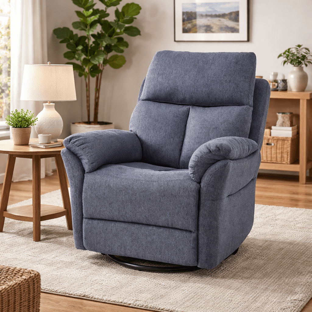 Gewnee 360° Swivel Glider Rocking Recliner Chair, Manual Adjustable Upholstered Fabric Recliner for Living Room and Home Theater, Blue Gray
