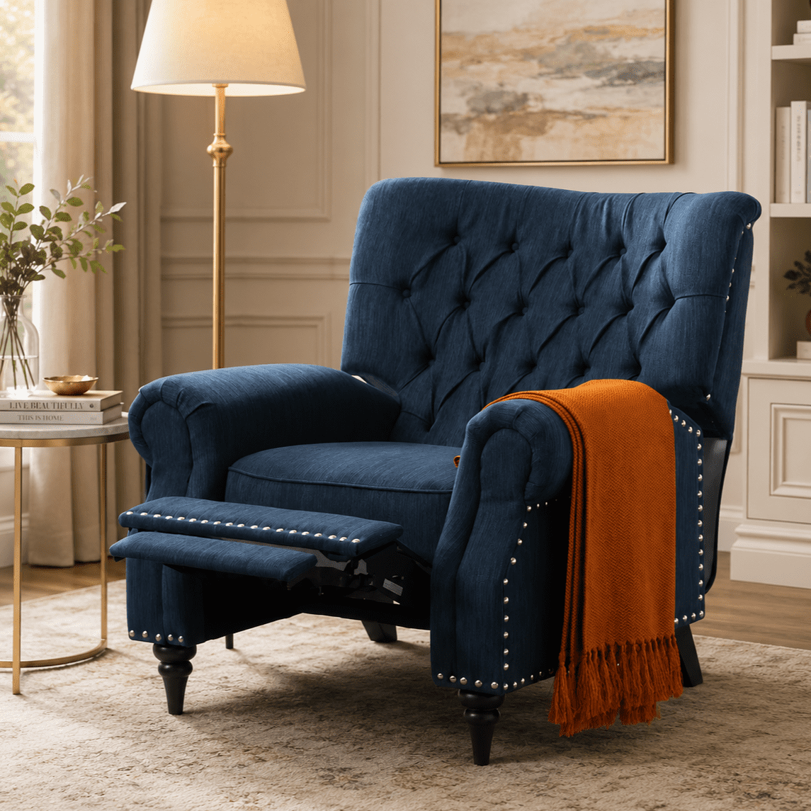 Gewnee 38.58" Manual Push Back Recliner Chair, Linen Fabric Wingback Armchair for Living Room, Office, Bedroom, Blue