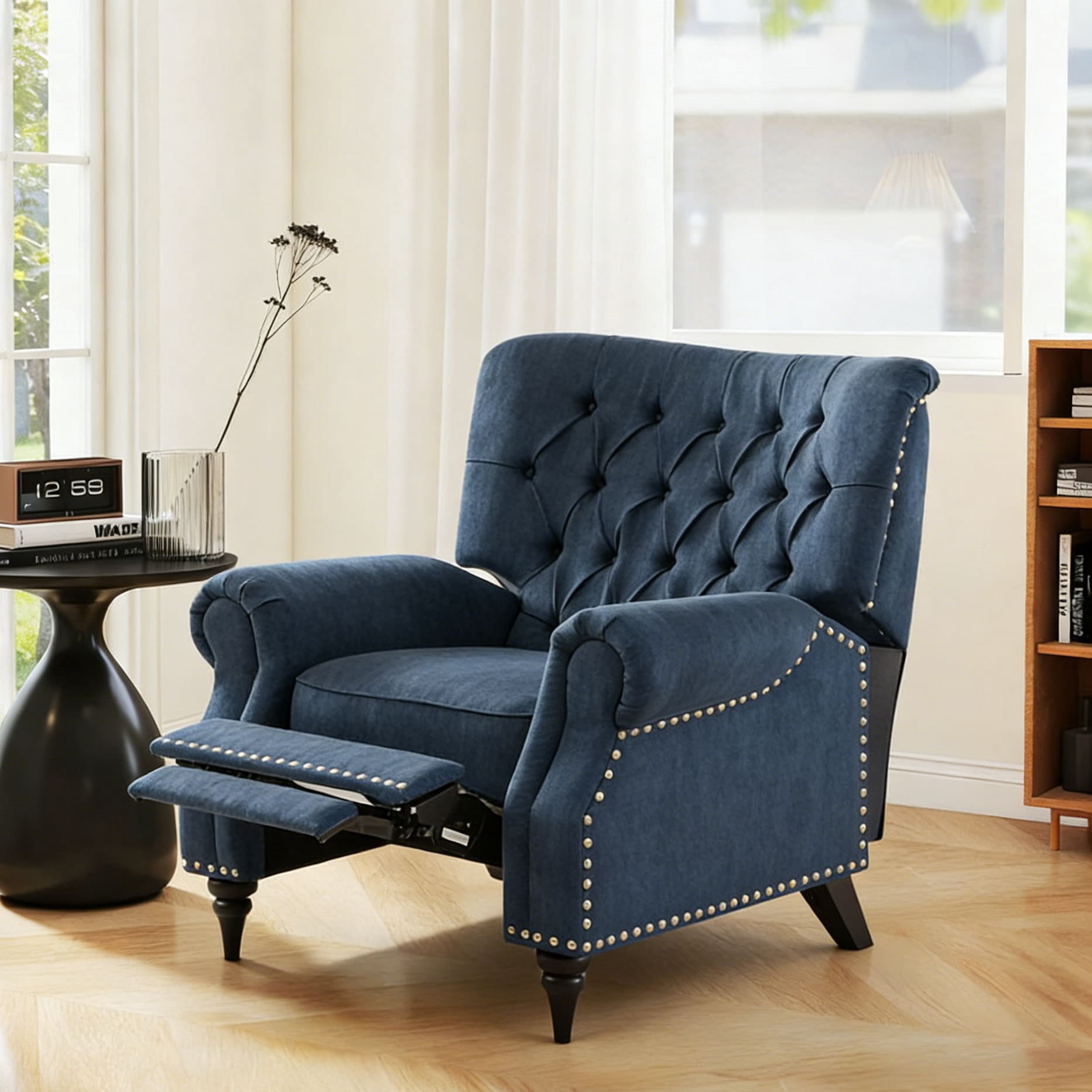 Gewnee 38.58” Manual Push Back Recliner Linen Fabric for Living Room Office Bedroom Blue