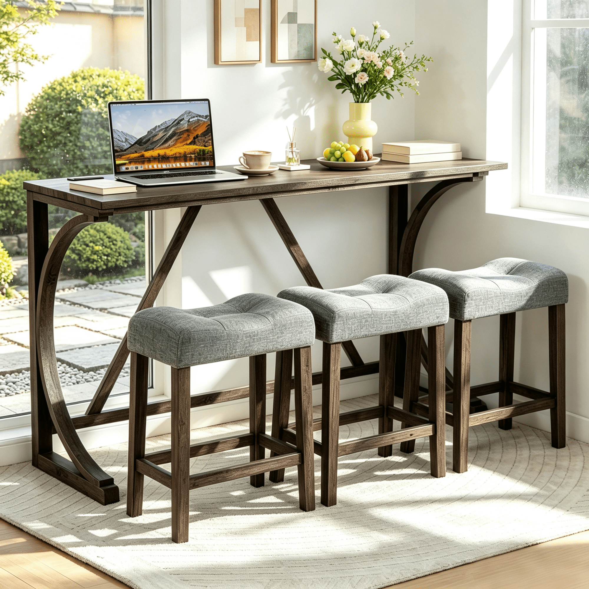 Gewnee 4 Piece Bar Table Set,Counter High Bar Table Set with Power Outlet and 3 Linen Chairs,Industrial Breakfast Table for Kitchen,Living Room.Dark Grey