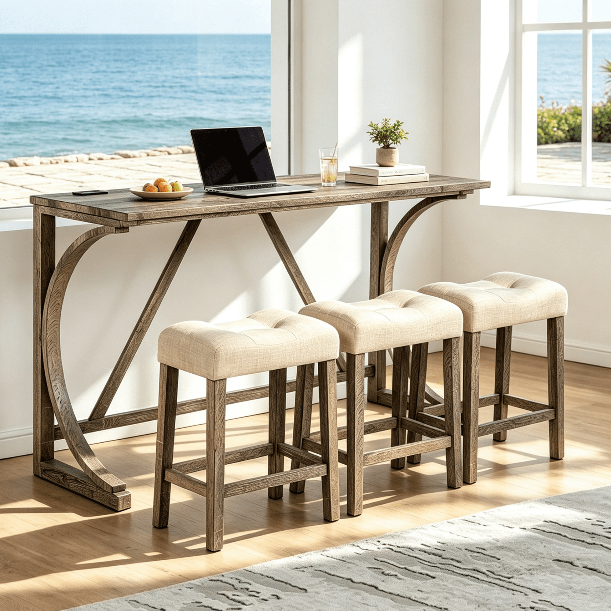 Gewnee 4 Piece Bar Table Set,Counter High Bar Table Set with Power Outlet and 3 Linen Chairs,Industrial Breakfast Table for Kitchen,Living Room.Brown