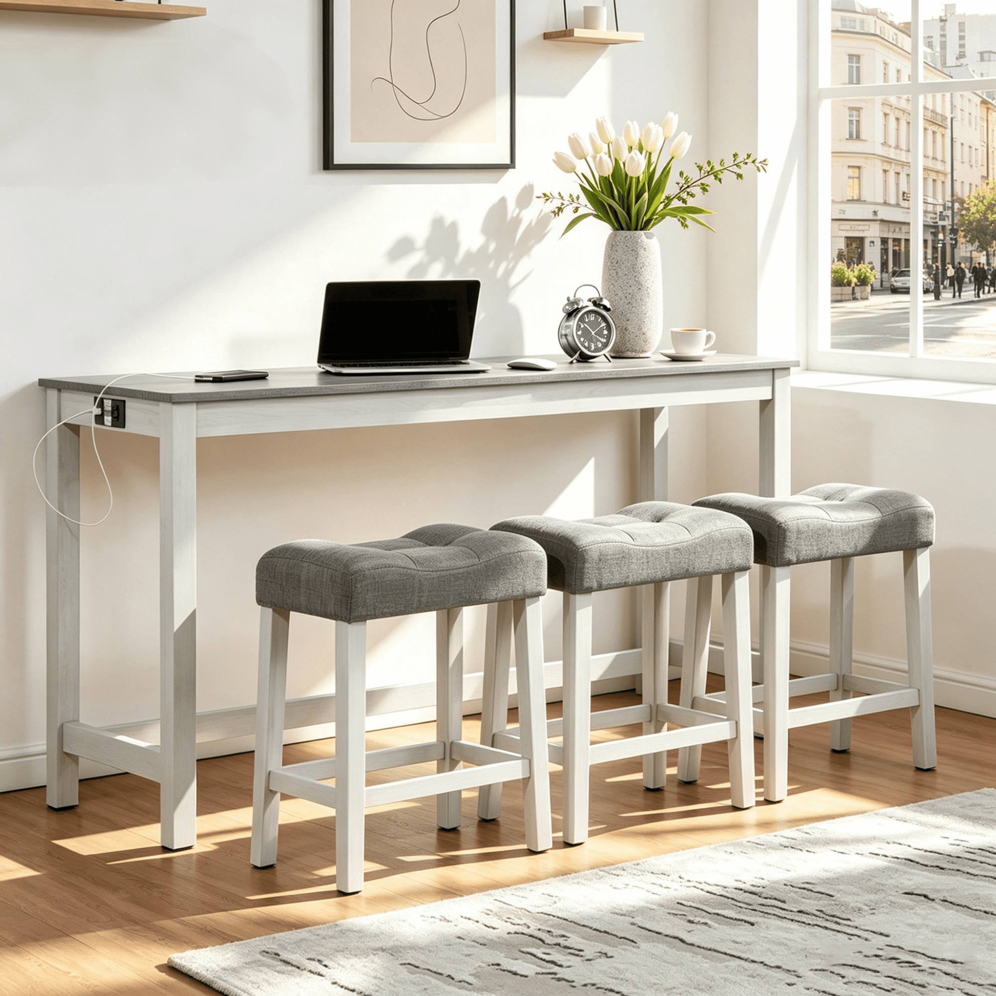 Gewnee 4 Piece Bar Table Set with Power Outlet,Counter Height Pub Table with Padded Stools,Behind Couch Table for Living Room,Dining Room.White & Gray