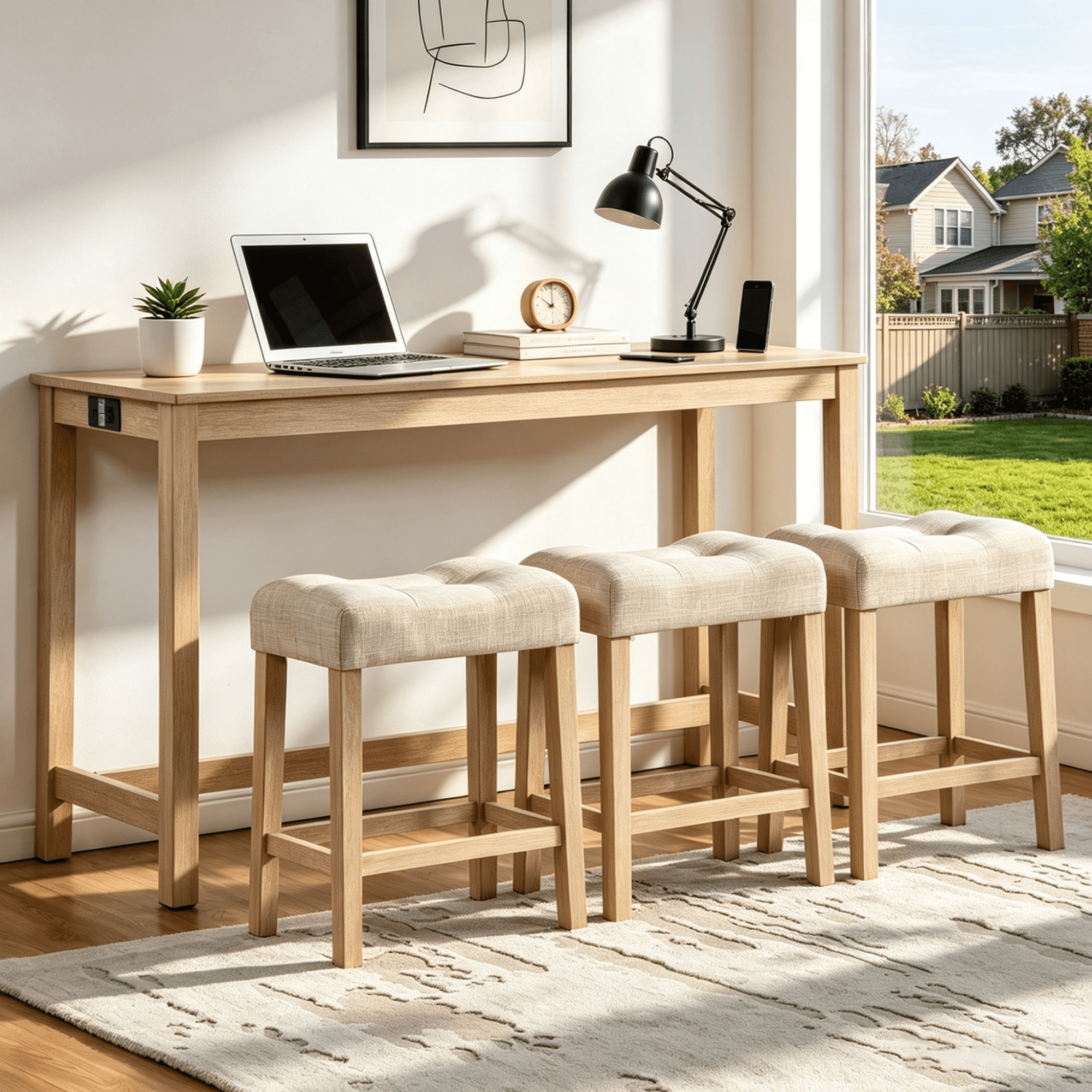 Gewnee 4 Piece Bar Table Set with Power Outlet,Counter Height Pub Table with Padded Stools,Behind Couch Table for Living Room,Dining Room.Light Oak