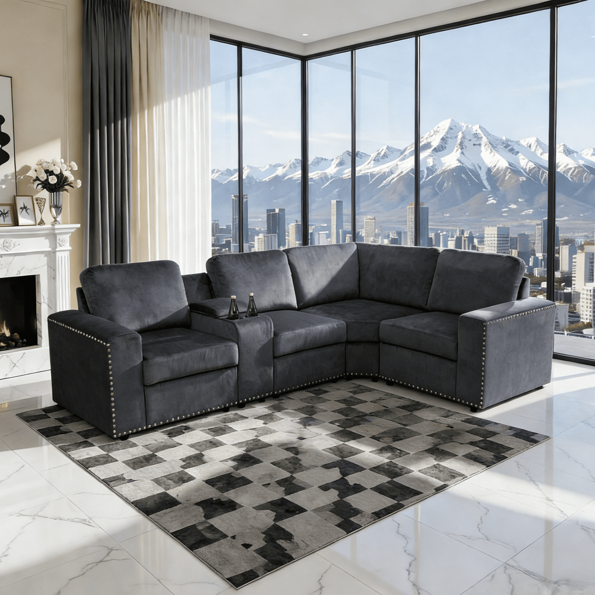Gewnee 4-Seater Dark Grey Modular Sofa with Microfiber Fabric, Solid Wood Frame, Double Springs, Storage and Cup Holder for Living Room