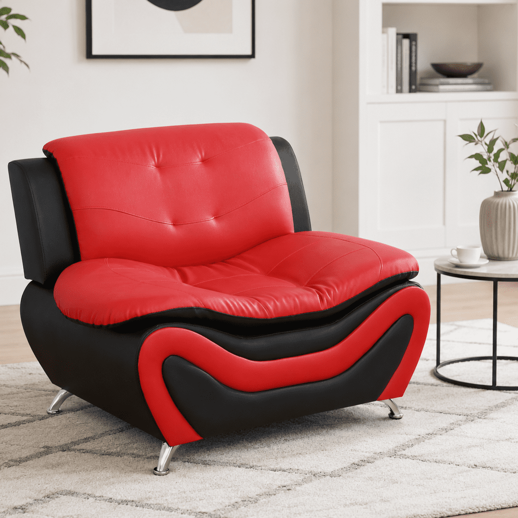 Gewnee Accent Chair Single Sofa, 42" Breathable Leather Sofa Chair with Solid Wood Frame & Metal Legs, Modern Furniture for Living Room Bedroom Office, Black & Red